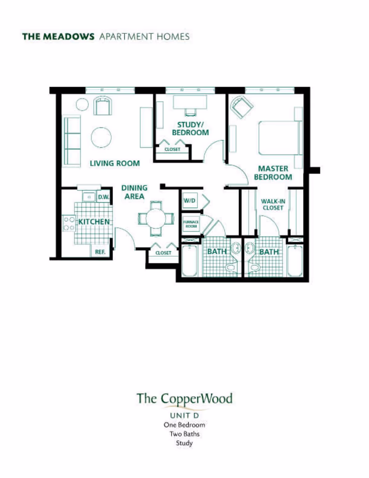 Black-and-green floor plan titled "The CopperWood Unit D" showing a living room, kitchen/dining area, study/bedroom, master bedroom with walk-in closet, and two bathrooms.