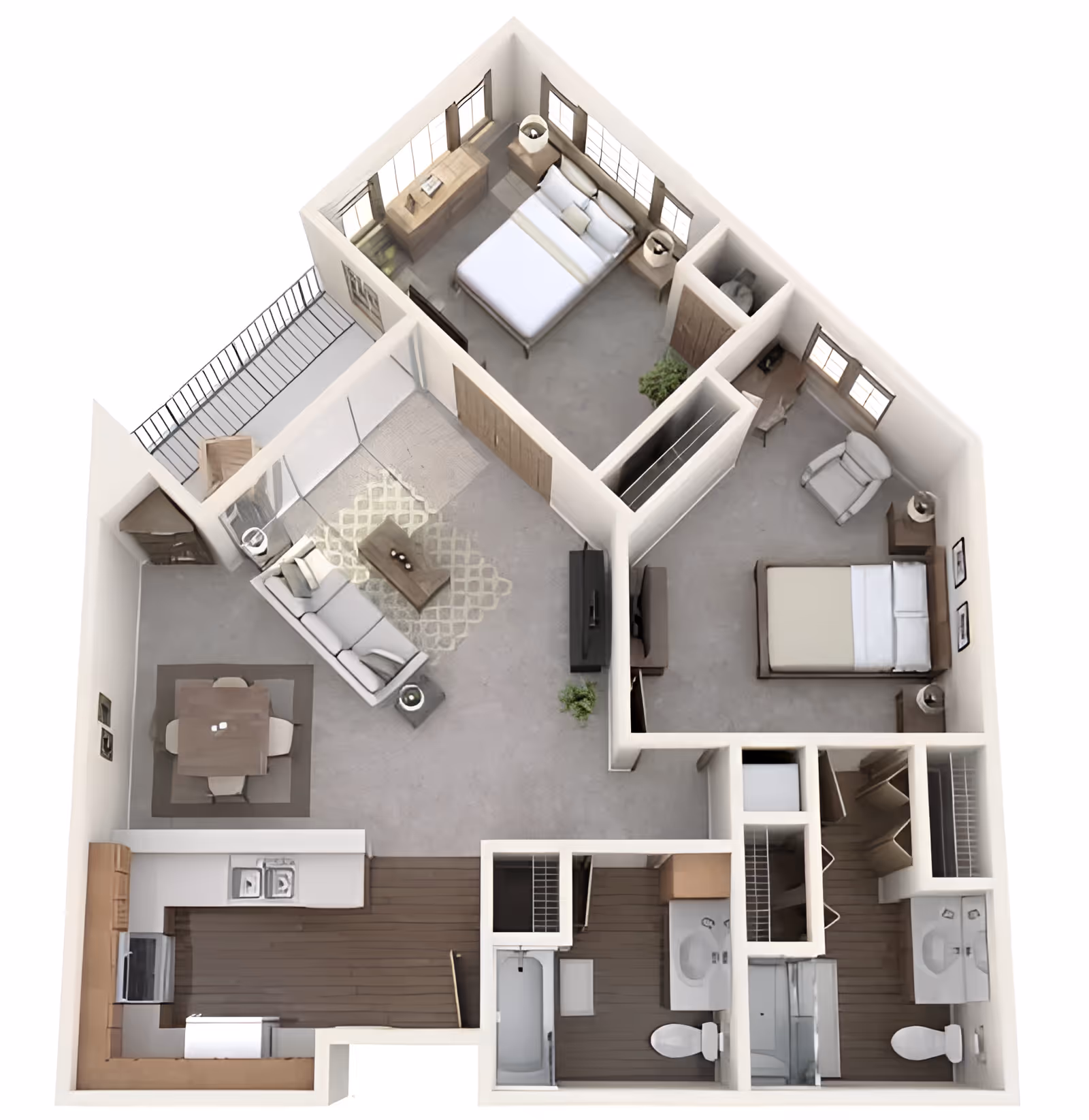 3D floor plan of a senior living apartment featuring two bedrooms, a living room with a sofa and coffee table, a dining area with a table and four chairs, a kitchen with appliances and cabinetry, two bathrooms with toilets and sinks, and a balcony accessible from the living room.