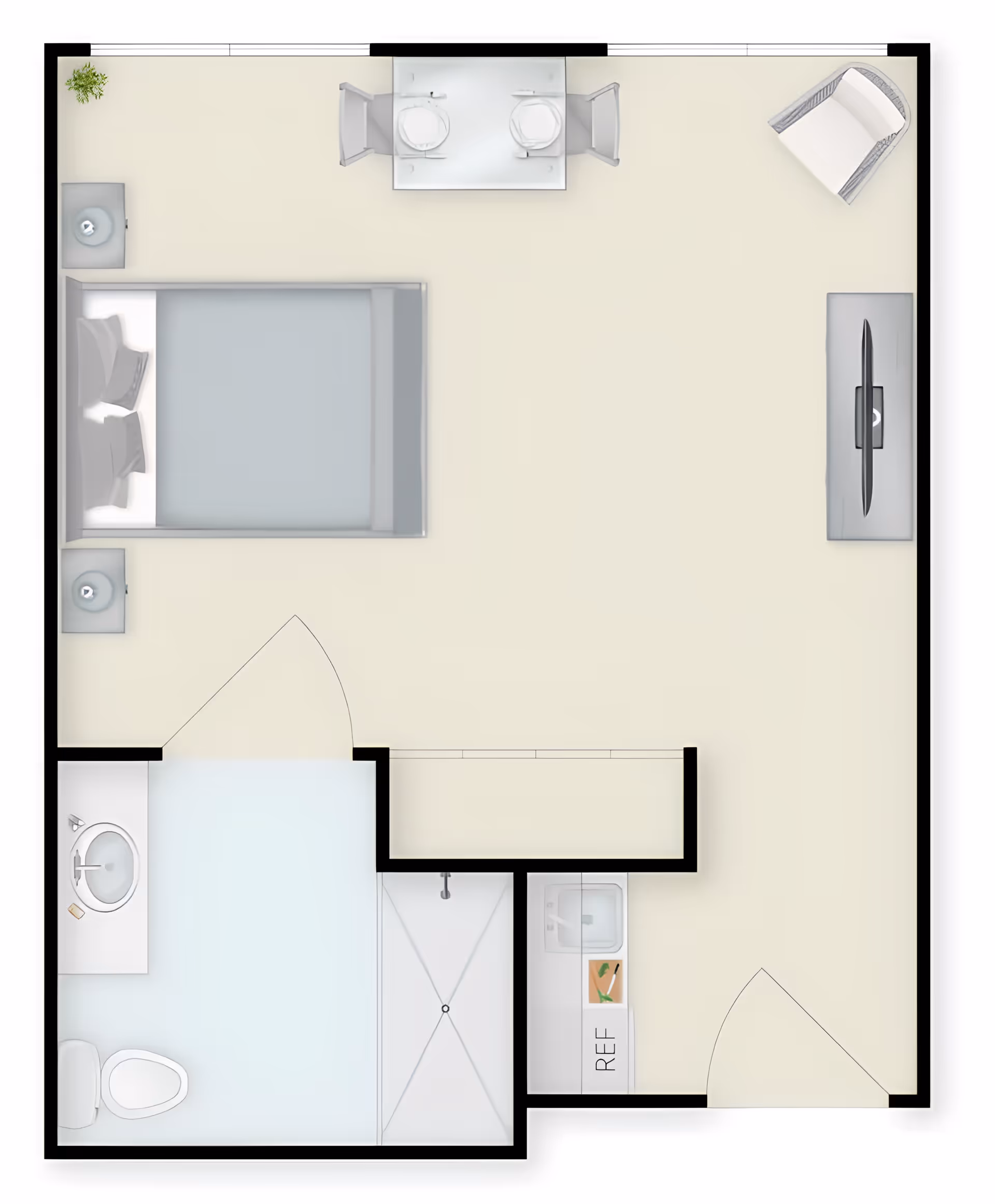 Top-down floor plan of a senior living studio apartment featuring a bedroom area with a bed and two nightstands, a small dining table with two chairs, a sitting chair, a TV on a stand, a bathroom with a toilet, sink, and shower, and a kitchenette with a refrigerator and sink.