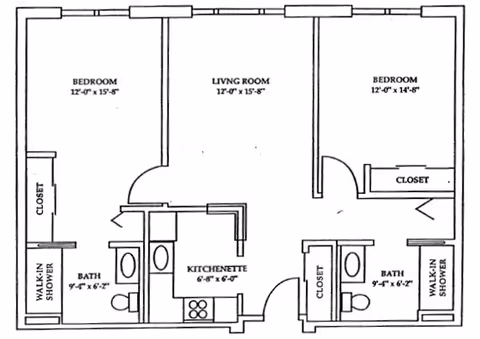 Black and white architectural floor plan of a two-bedroom apartment with two bathrooms, a living room, and a kitchenette. Each bedroom has a walk-in shower and closet. The living room is centrally located between the bedrooms. The kitchenette is adjacent to the living room.