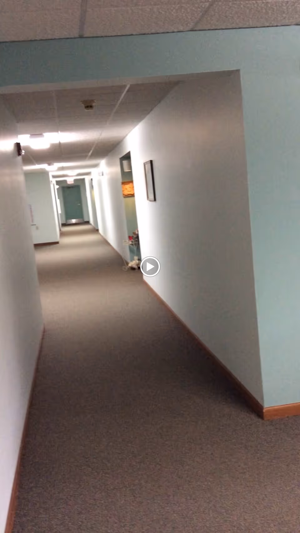Carpeted interior hallway with pale blue walls, ceiling lights, and doorways leading to a distant door.