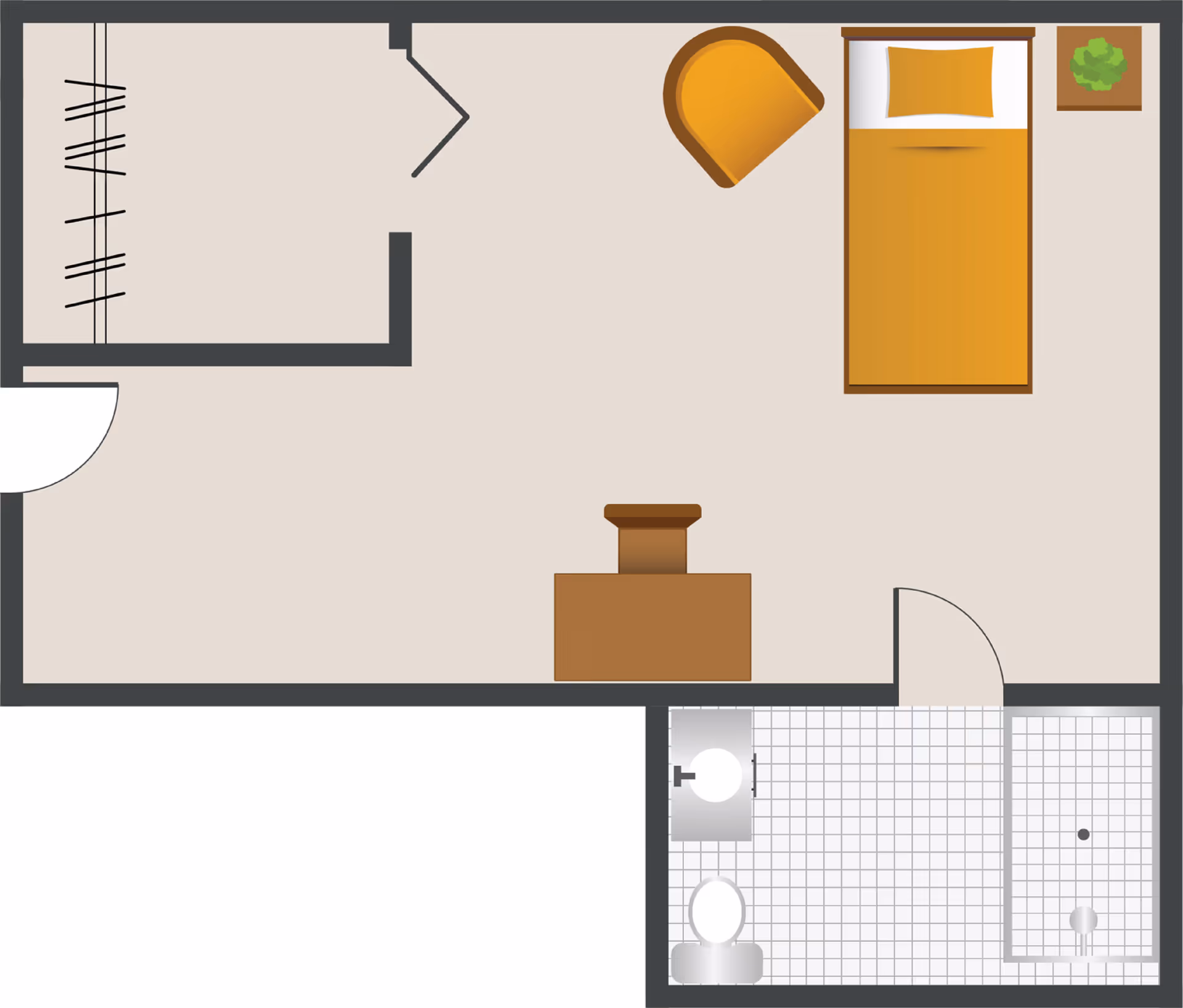 Floor plan of a small assisted living unit showing a bedroom with a single bed, a chair, a nightstand with a plant, a dresser, a closet, and an attached bathroom with a toilet, sink, and shower.