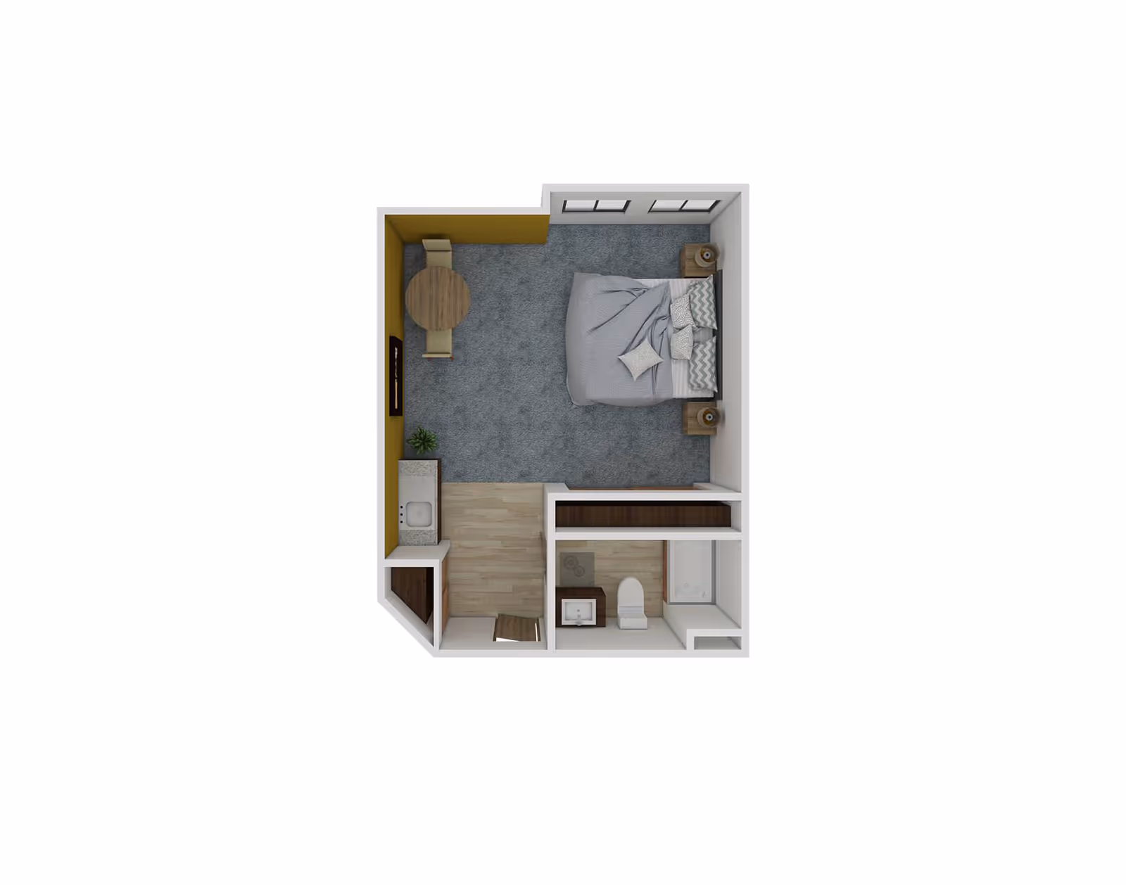 Top-down 3D floor plan of a studio apartment showing a bed with nightstands, a small kitchenette, round dining table, and a bathroom.