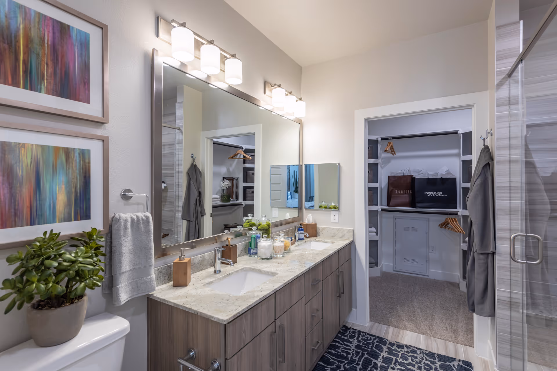 Modern bathroom with a double sink vanity featuring a granite countertop, two large mirrors with overhead lighting, a glass-enclosed shower, and a walk-in closet visible through an open door. The bathroom also has framed colorful abstract artwork on the wall, a potted plant on the toilet tank, and a patterned blue rug on the floor.
