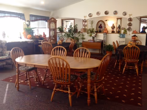 A cozy dining room with wooden tables and chairs arranged on a patterned carpet. The room is decorated with plants, a grandfather clock, and various decorative plates and figurines on shelves and walls. Natural light comes in through windows with valances.