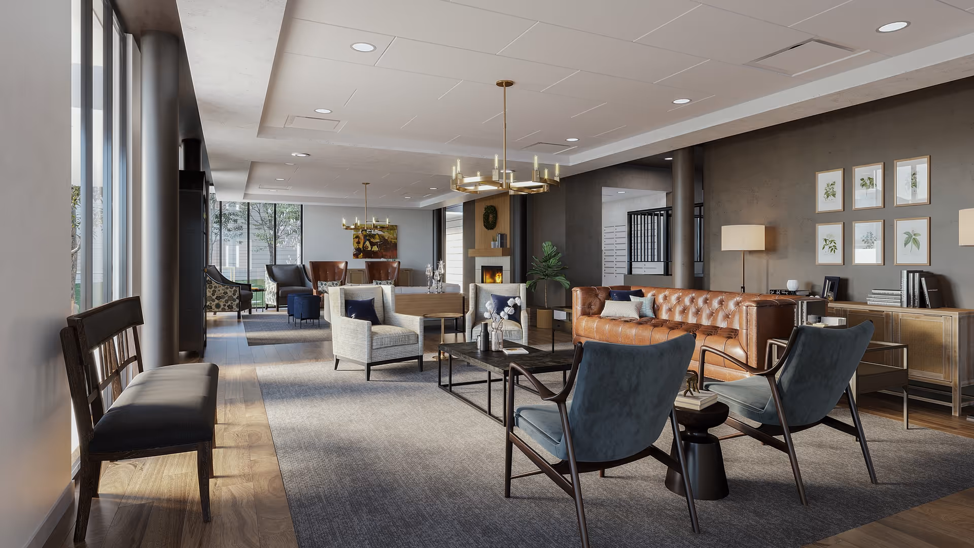 A spacious and modern senior living common area with large windows letting in natural light. The room features a mix of comfortable seating including a brown leather sofa, blue armchairs, and beige armchairs arranged around coffee tables. There are chandeliers hanging from the ceiling, a fireplace in the background, framed botanical artwork on the wall, and a wooden sideboard with books and a lamp.