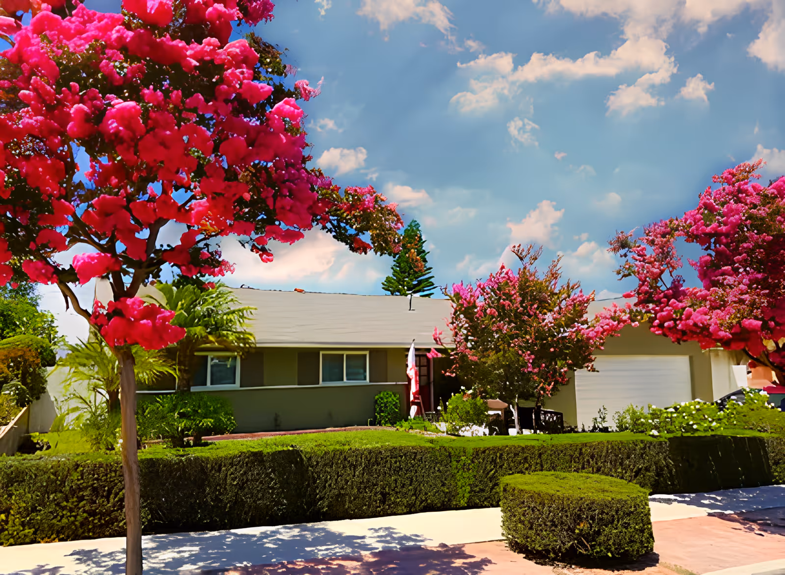Front exterior view of a single-story residential building with a well-maintained garden featuring vibrant pink flowering trees and neatly trimmed hedges under a partly cloudy blue sky.