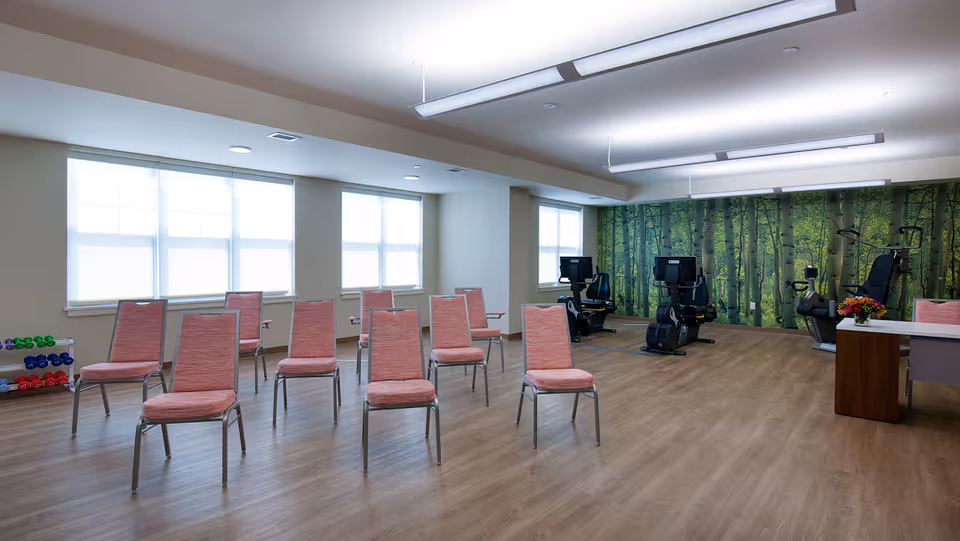 Spacious multipurpose activity room with rows of pink chairs, exercise equipment, and a forest mural on the far wall.