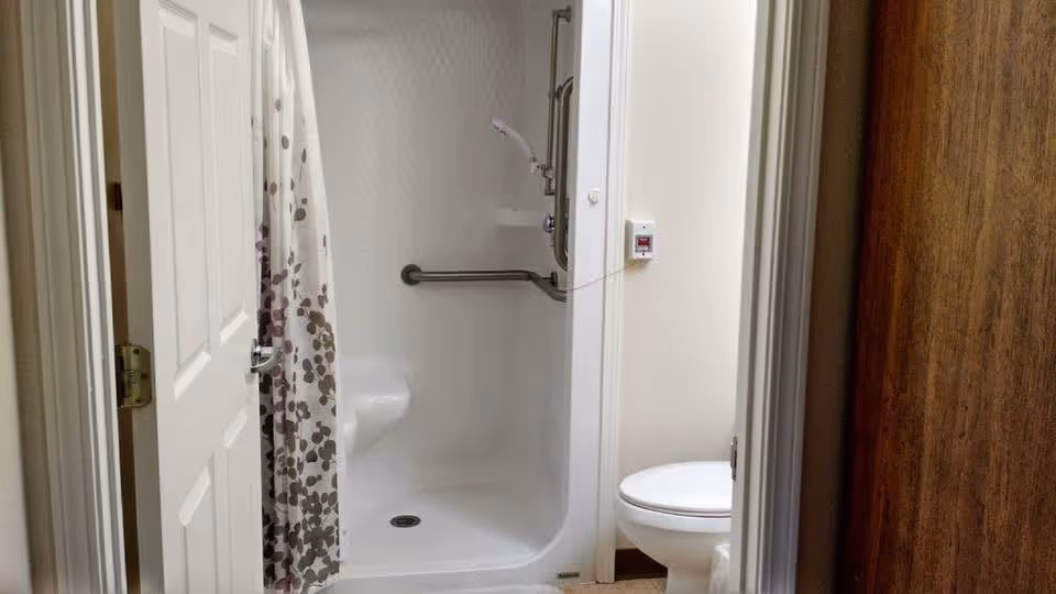 View of a bathroom with a white shower stall featuring a built-in seat and grab bars, a shower curtain with a leaf pattern, a white toilet, and a partially open door with a silver handle.