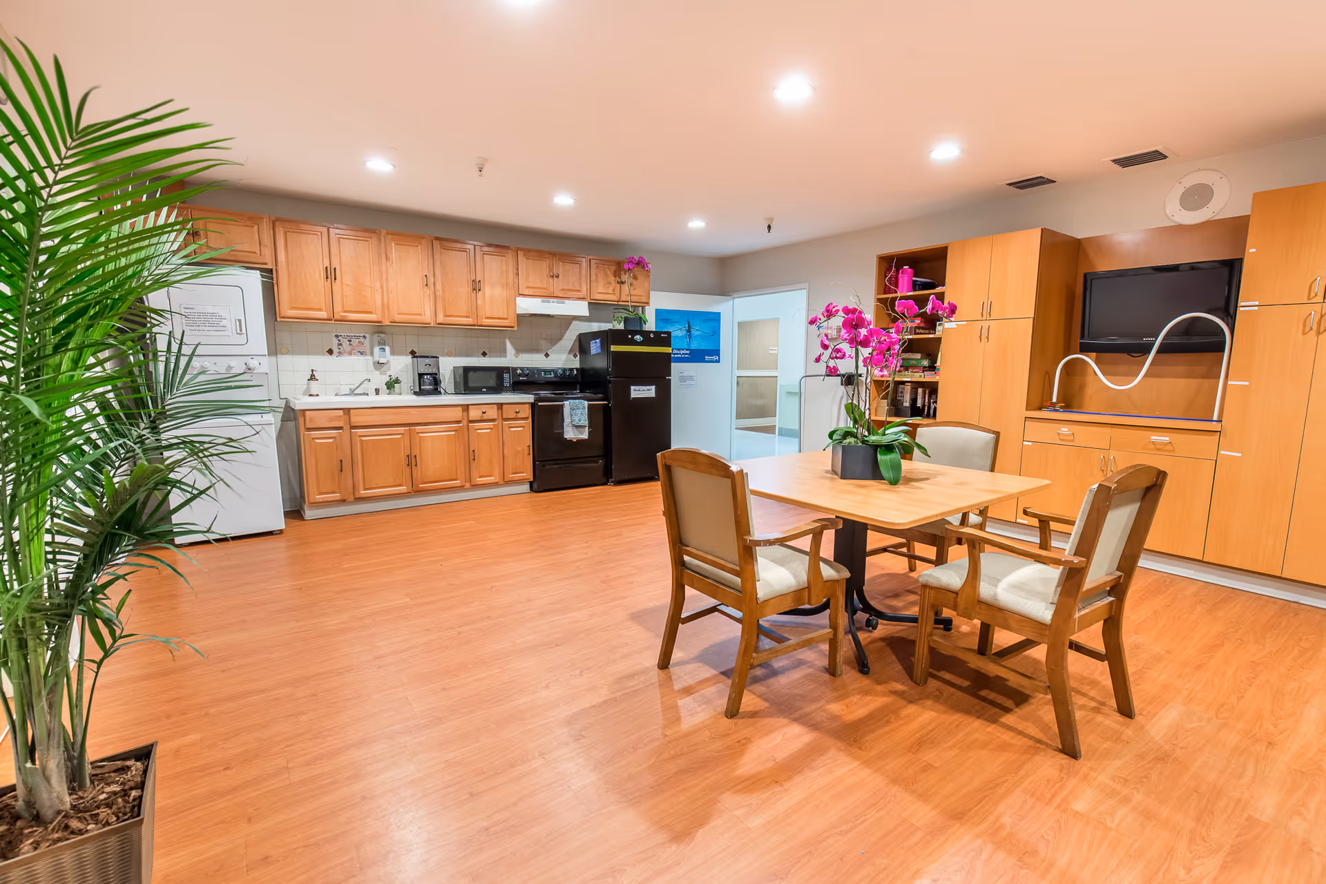 A spacious room with a kitchen area featuring wooden cabinets, a refrigerator, microwave, stove, and a washing machine. In the foreground, there is a wooden table with four cushioned chairs and a potted orchid plant on top. The room has wooden flooring, a large potted plant on the left, and built-in wooden storage units with a TV on the right wall. The ceiling has recessed lighting.