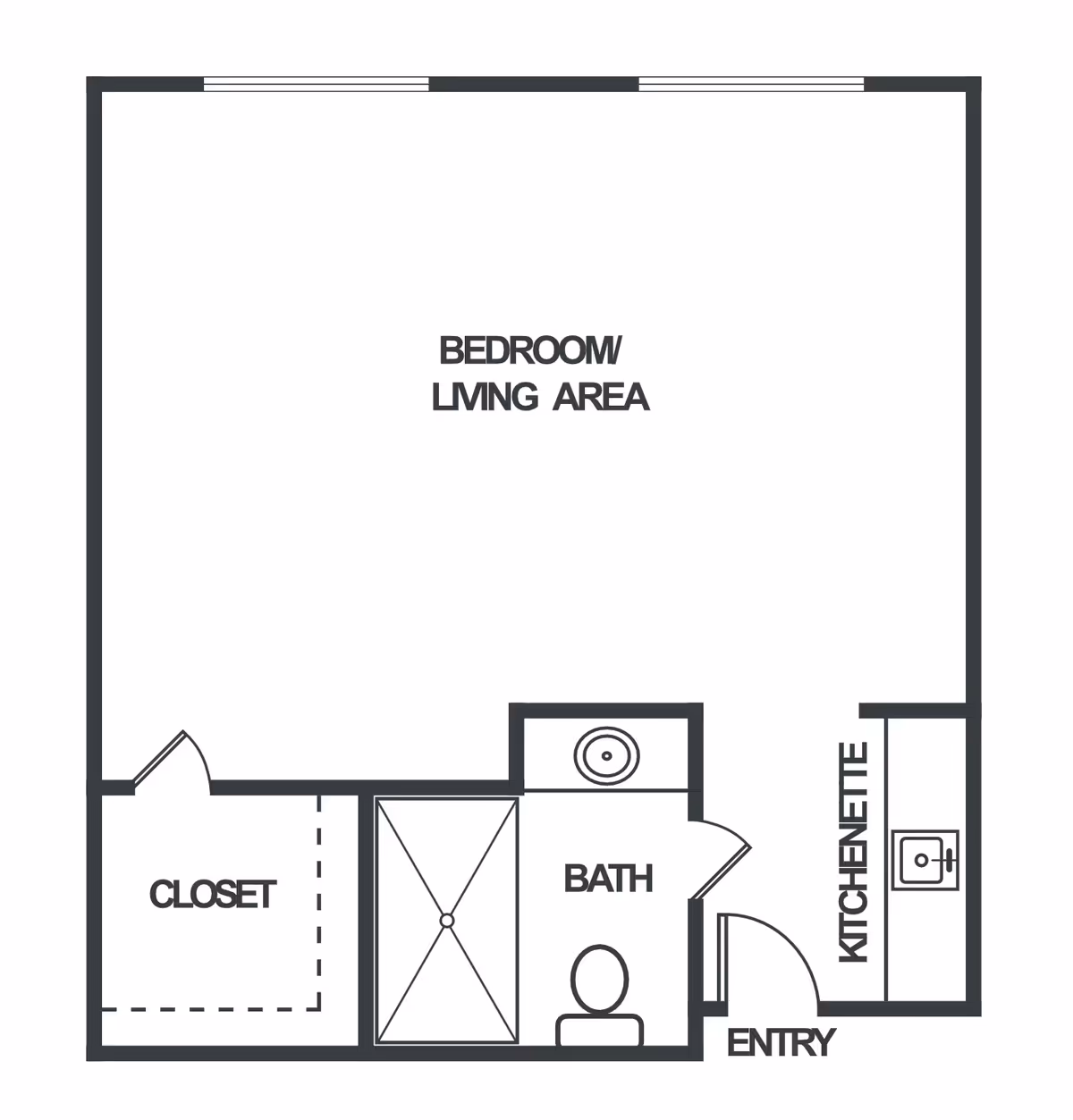 Floor plan of a senior living unit at Summerfield Senior Living showing a combined bedroom and living area, a closet, a bathroom with a shower, toilet, and sink, a kitchenette, and an entry door.