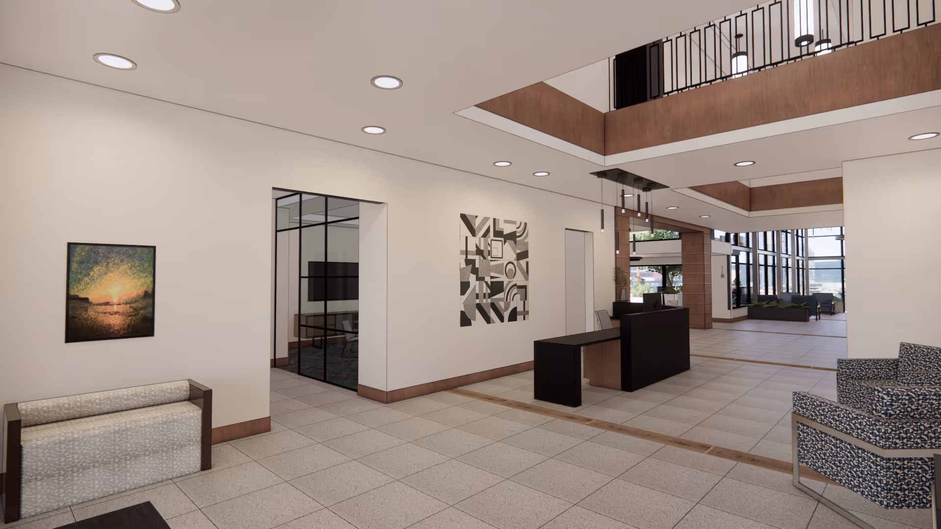 Spacious and modern interior lobby area with tiled flooring, recessed ceiling lights, and contemporary furniture including a bench and patterned chairs. The space features large windows allowing natural light, abstract wall art, and a black reception desk. An upper balcony overlooks the lobby area.