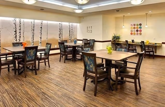 A dining room with several wooden tables and chairs arranged neatly on a wood-patterned floor. Each table has a colorful pitcher on it. The walls are decorated with birch tree artwork and a colorful circular wall art piece. The room is well-lit with ceiling lights and pendant lights.