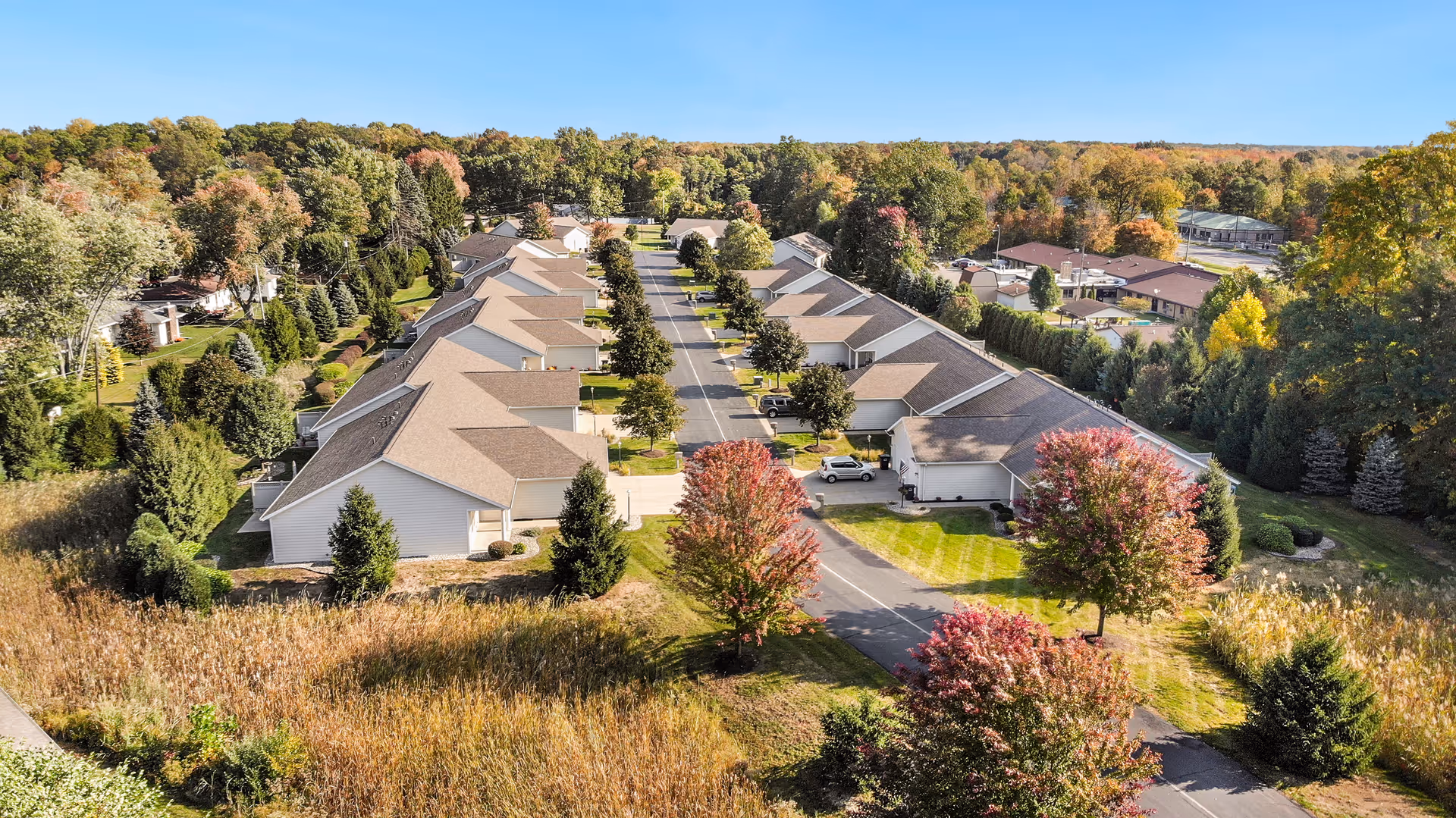 Aerial view of a senior living community with rows of single-story houses along a central road, surrounded by trees with autumn foliage and green lawns under a clear blue sky.