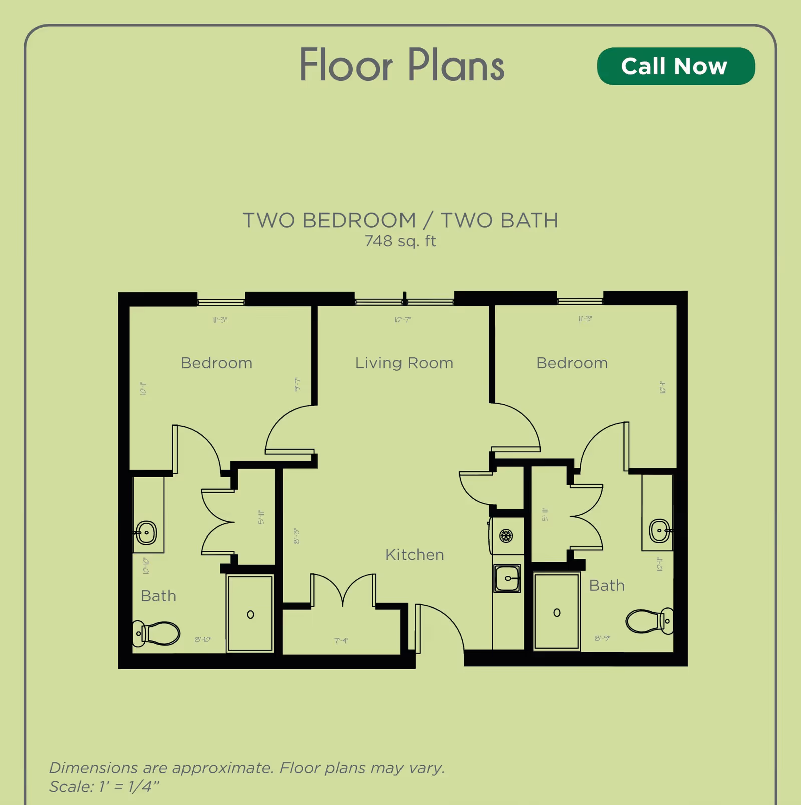 Floor plan of a two bedroom, two bath apartment with a total area of 748 square feet. The layout includes two bedrooms on either side of a central living room and kitchen area. Each bedroom has an attached bathroom. Dimensions for each room are noted on the plan.