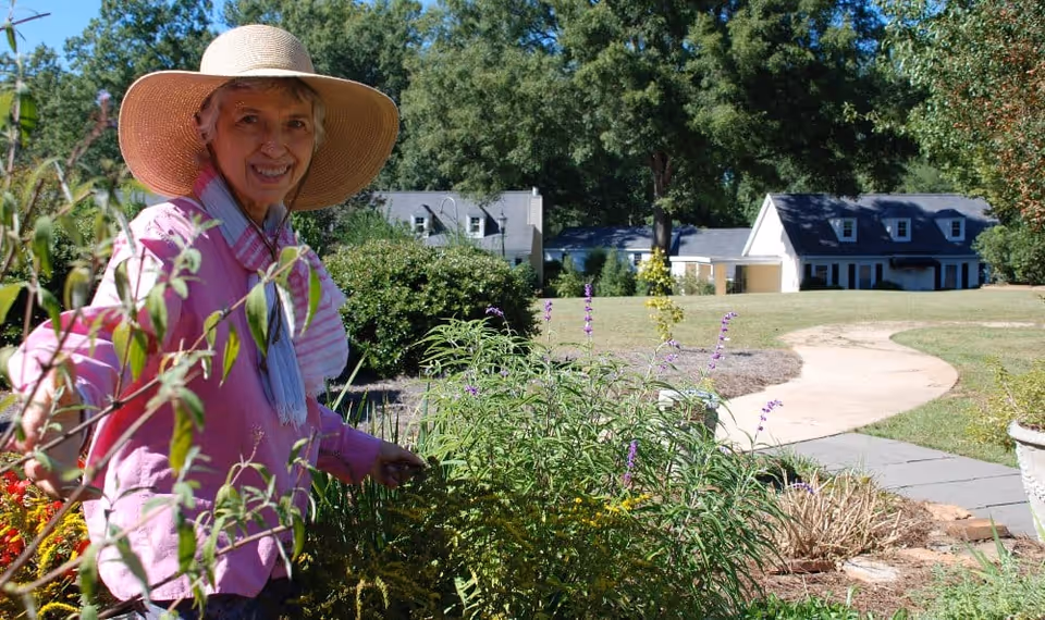 An elderly woman wearing a wide-brimmed hat and a pink shirt is gardening outdoors, surrounded by green plants and flowers. In the background, there are trees and residential buildings under a clear sky.