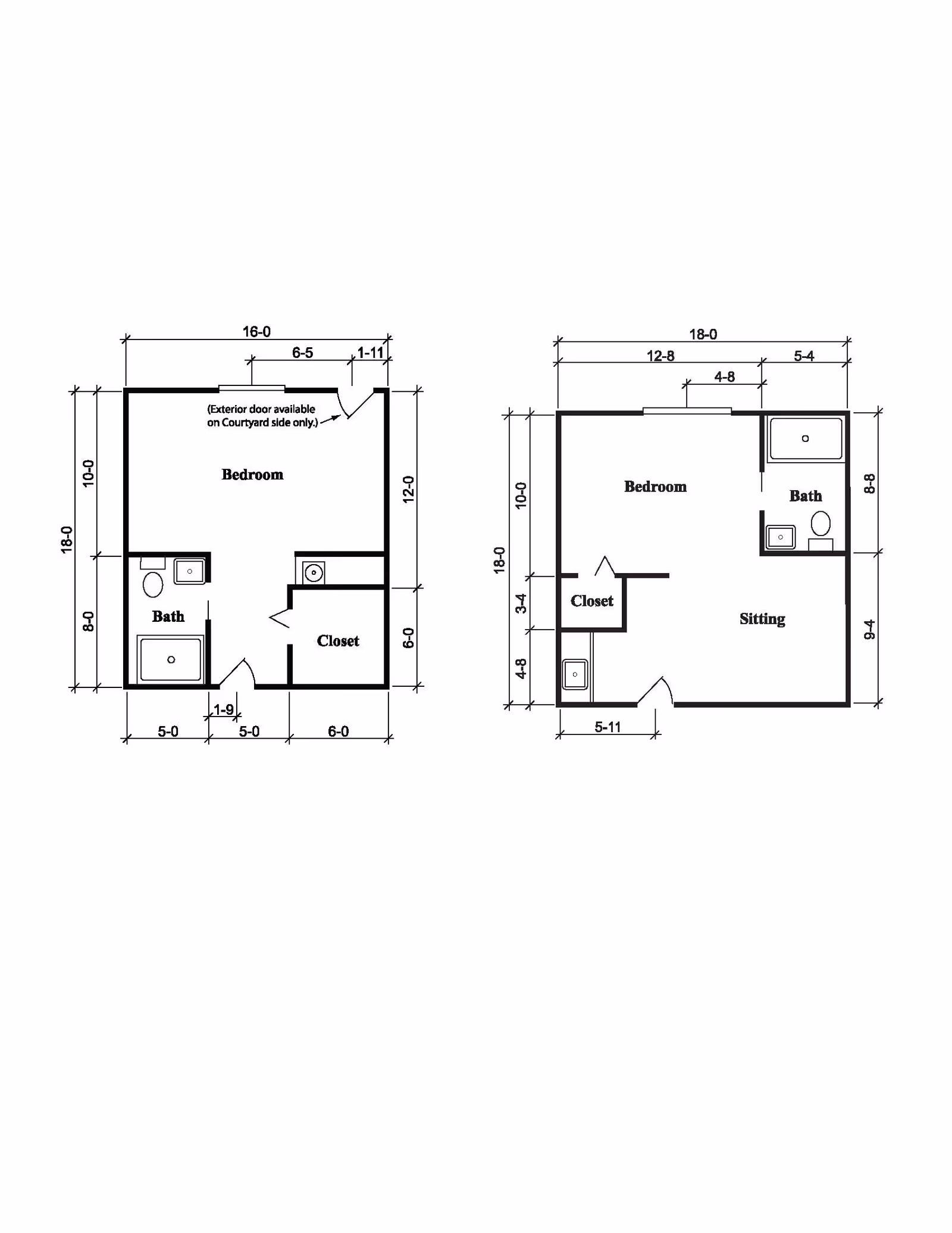 Architectural floor plans showing two different layouts of a bedroom with attached bath and closet areas. The left plan includes a bedroom, bath, and closet with dimensions and an exterior door on the courtyard side. The right plan includes a bedroom, sitting area, bath, and closet with detailed measurements.