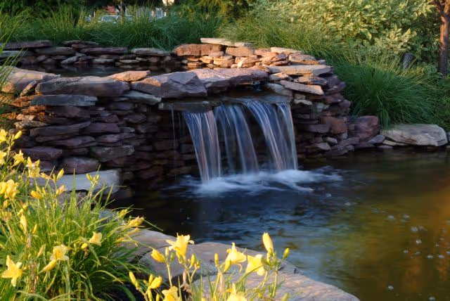 A small stone waterfall flowing into a pond surrounded by green plants and yellow flowers in an outdoor garden setting.