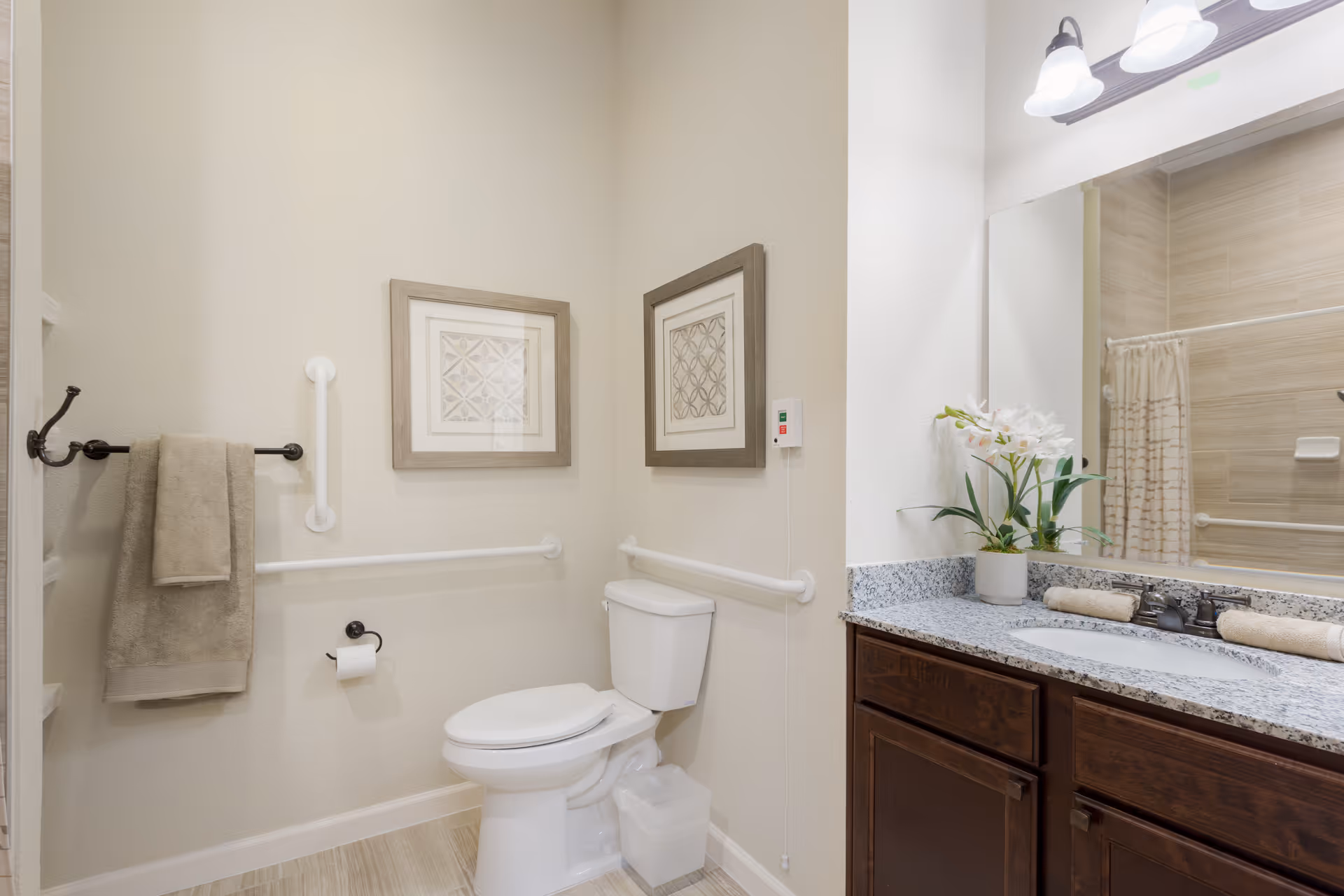 A clean and well-lit bathroom featuring a white toilet with safety grab bars on the walls around it. There are two framed decorative pictures above the toilet. To the right, there is a granite countertop with a sink, dark wooden cabinets below, and a large mirror above. A potted plant with white flowers and two rolled towels are placed on the countertop. A towel hangs on a black towel rack on the left wall, and a shower curtain is partially visible in the mirror reflection.