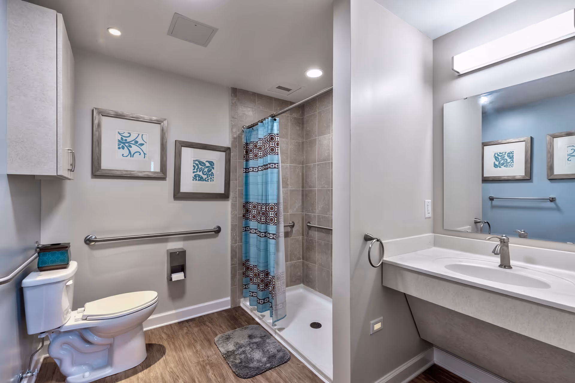 A clean and modern bathroom with a toilet, a walk-in shower with a blue and brown patterned curtain, a white sink with a large mirror above it, and two framed decorative pictures on the wall. The bathroom has wood-style flooring and grab bars installed near the toilet and inside the shower.