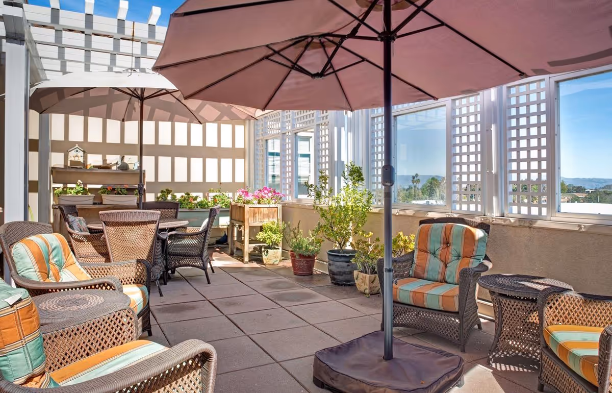 Sunny rooftop patio with wicker chairs and tables, large umbrellas, and potted plants along a lattice railing.