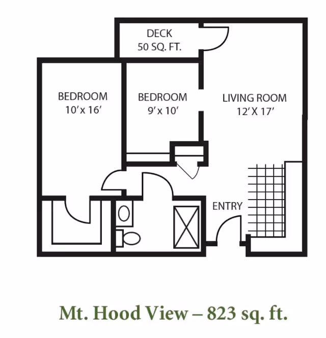 Floor plan layout of an apartment named Mt. Hood View with 823 square feet, featuring two bedrooms (10x16 and 9x10), a living room (12x17), a deck of 50 square feet, an entry area, and a bathroom.