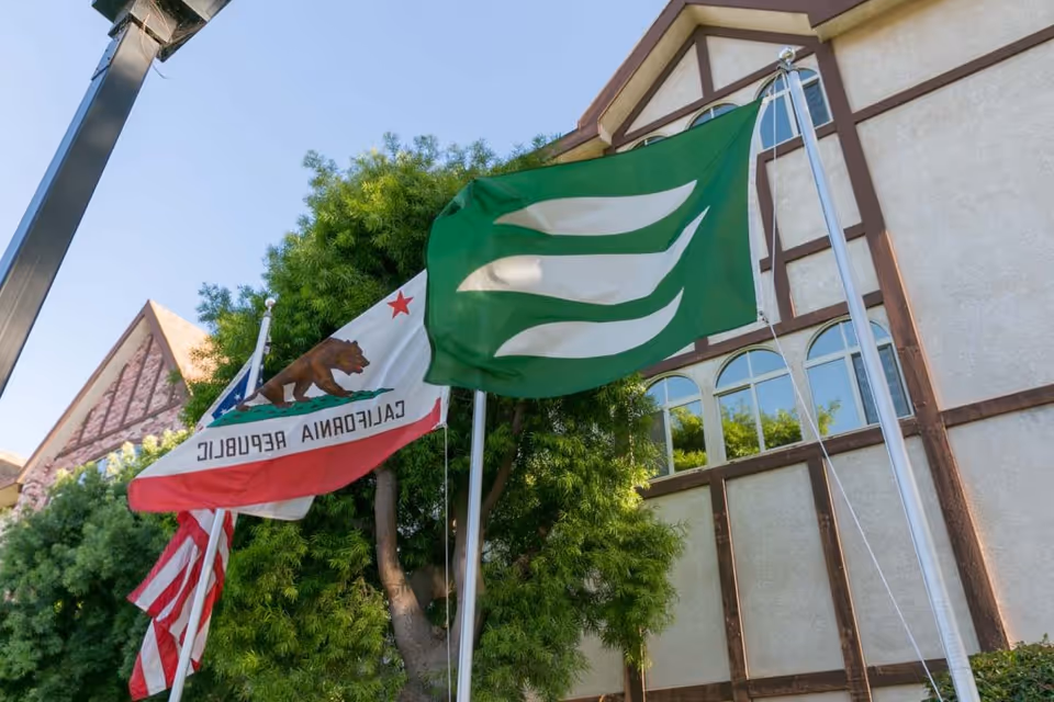 A green flag and the California state flag flying on poles in front of a Tudor-style building and trees.