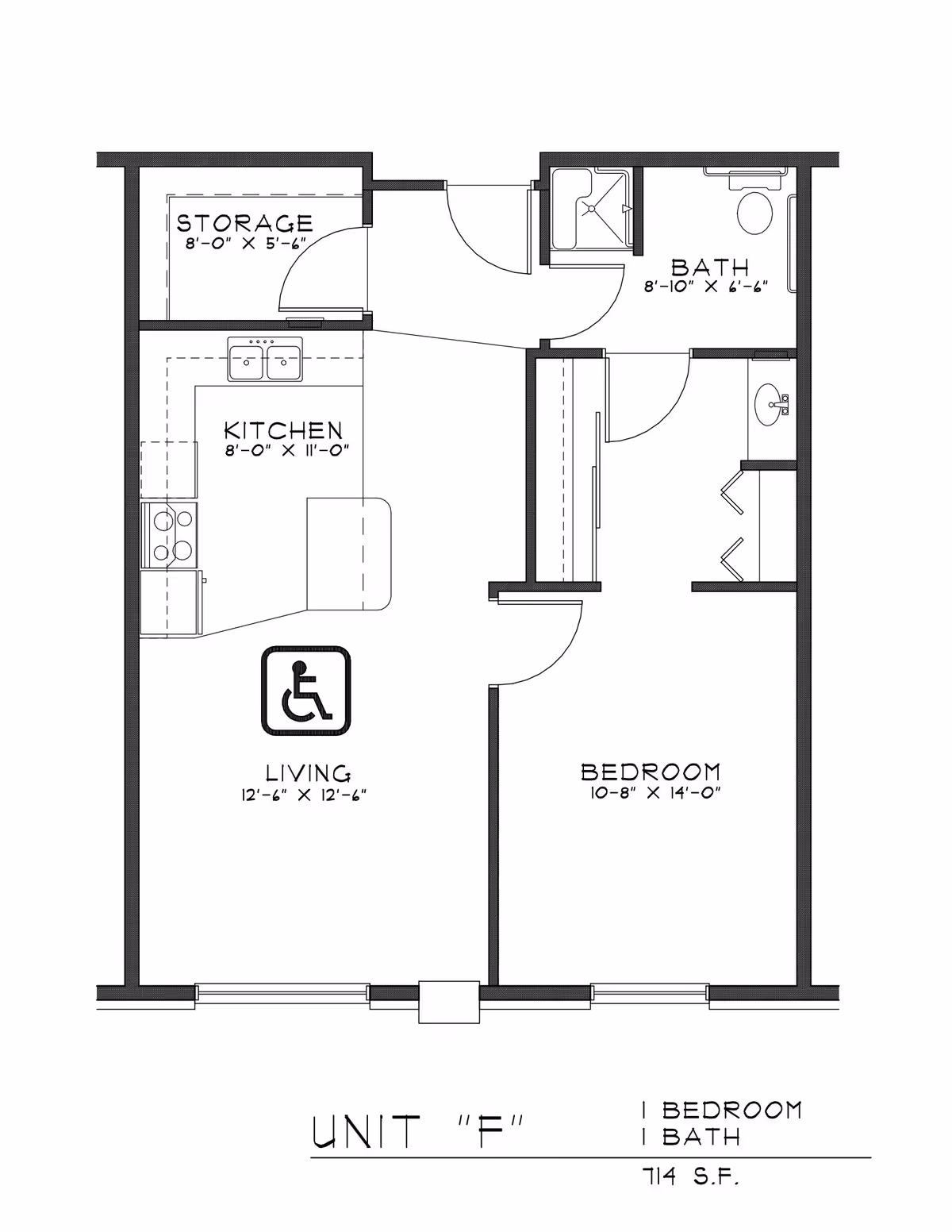 Architectural floor plan of Unit F at Rose of Waterloo, showing a 1-bedroom, 1-bath apartment with labeled areas including kitchen, living room, bedroom, bath, and storage. The living room is wheelchair accessible.