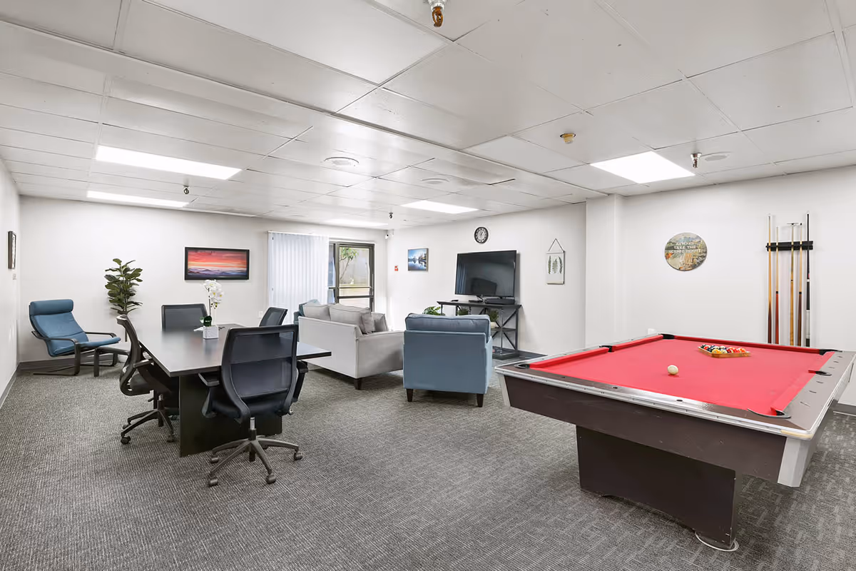 A recreational room with a red pool table, a seating area with a gray sofa and blue armchair, a large TV mounted on a stand, a conference-style table with black office chairs, and a blue lounge chair near a potted plant. The room has white walls, carpeted floor, and ceiling lights.