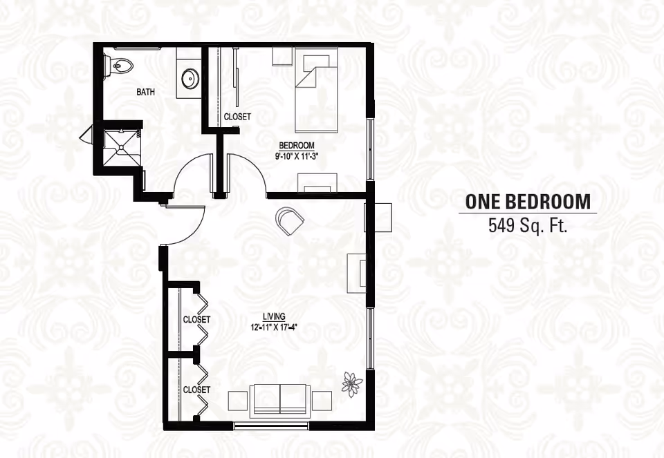 Floor plan of a one-bedroom apartment with 549 square feet, showing a bedroom, living room, bathroom, and closets.