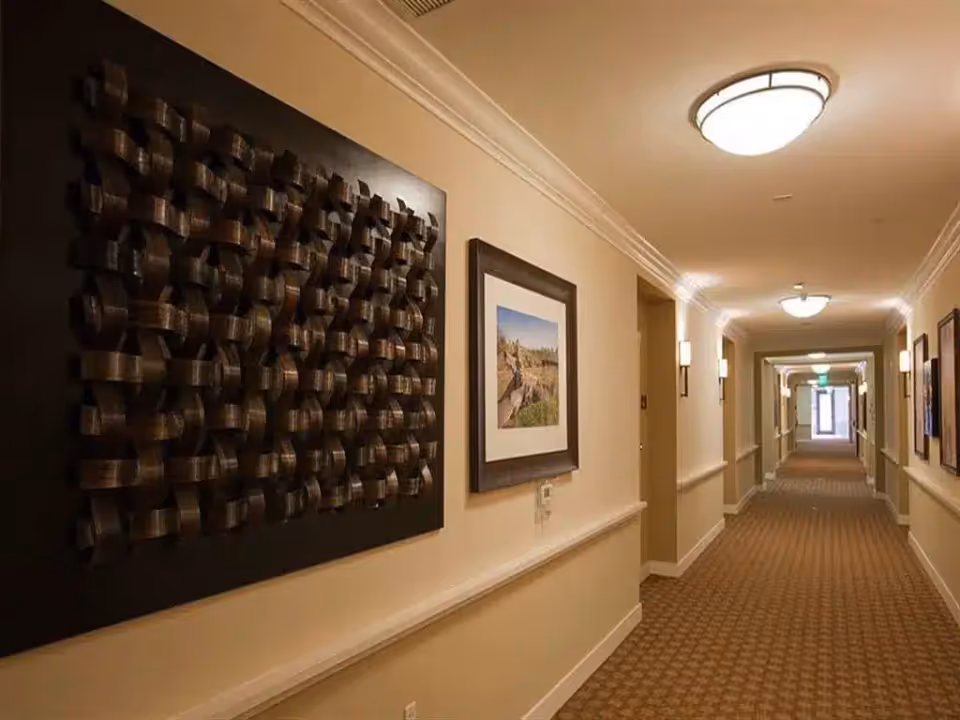 A long carpeted interior corridor with framed artwork on the walls and ceiling lights.