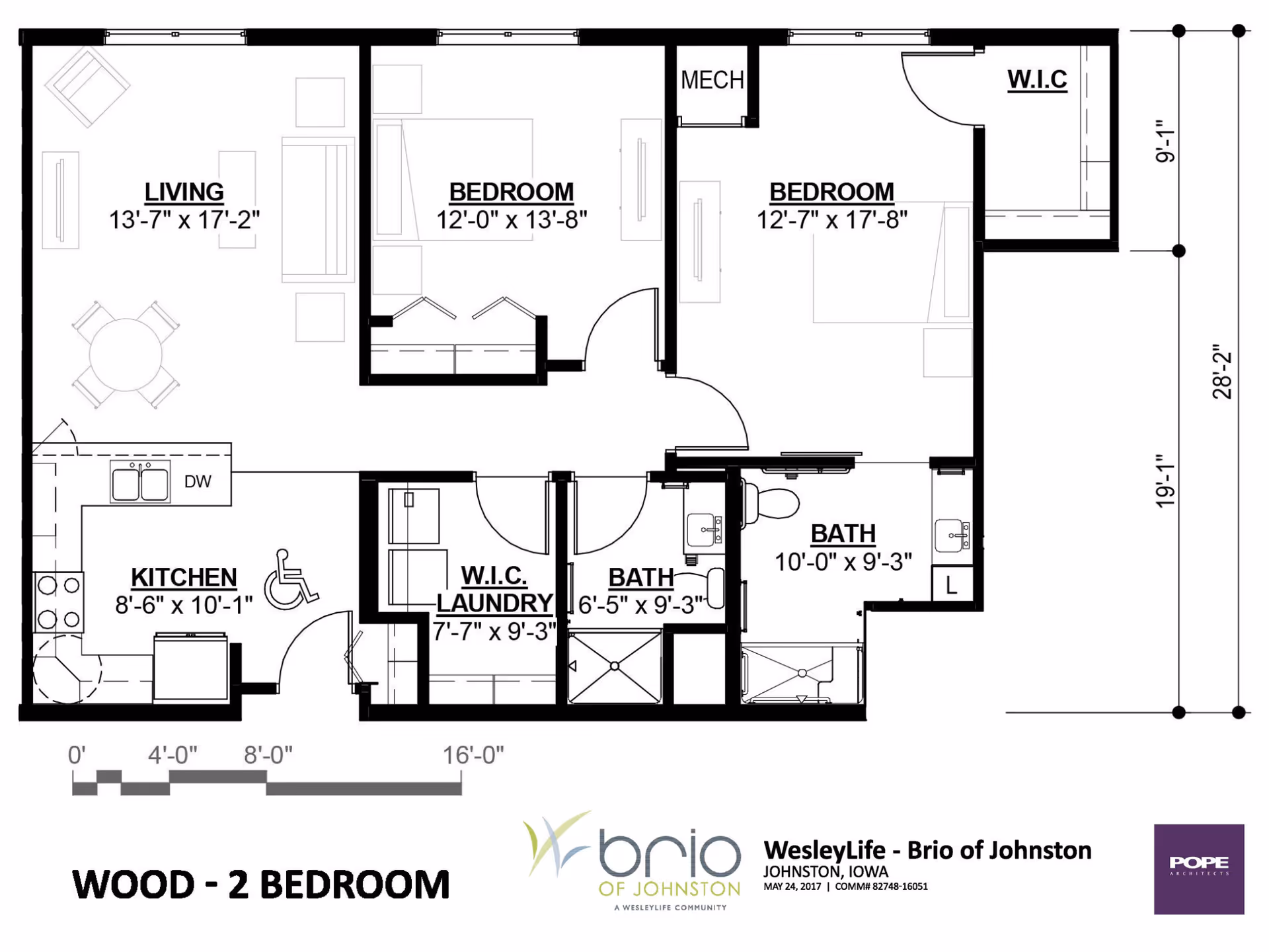 Black-and-white floor plan titled 'WOOD - 2 BEDROOM' showing two bedrooms, living room, kitchen, two baths, closets and laundry with Brio of Johnston branding.