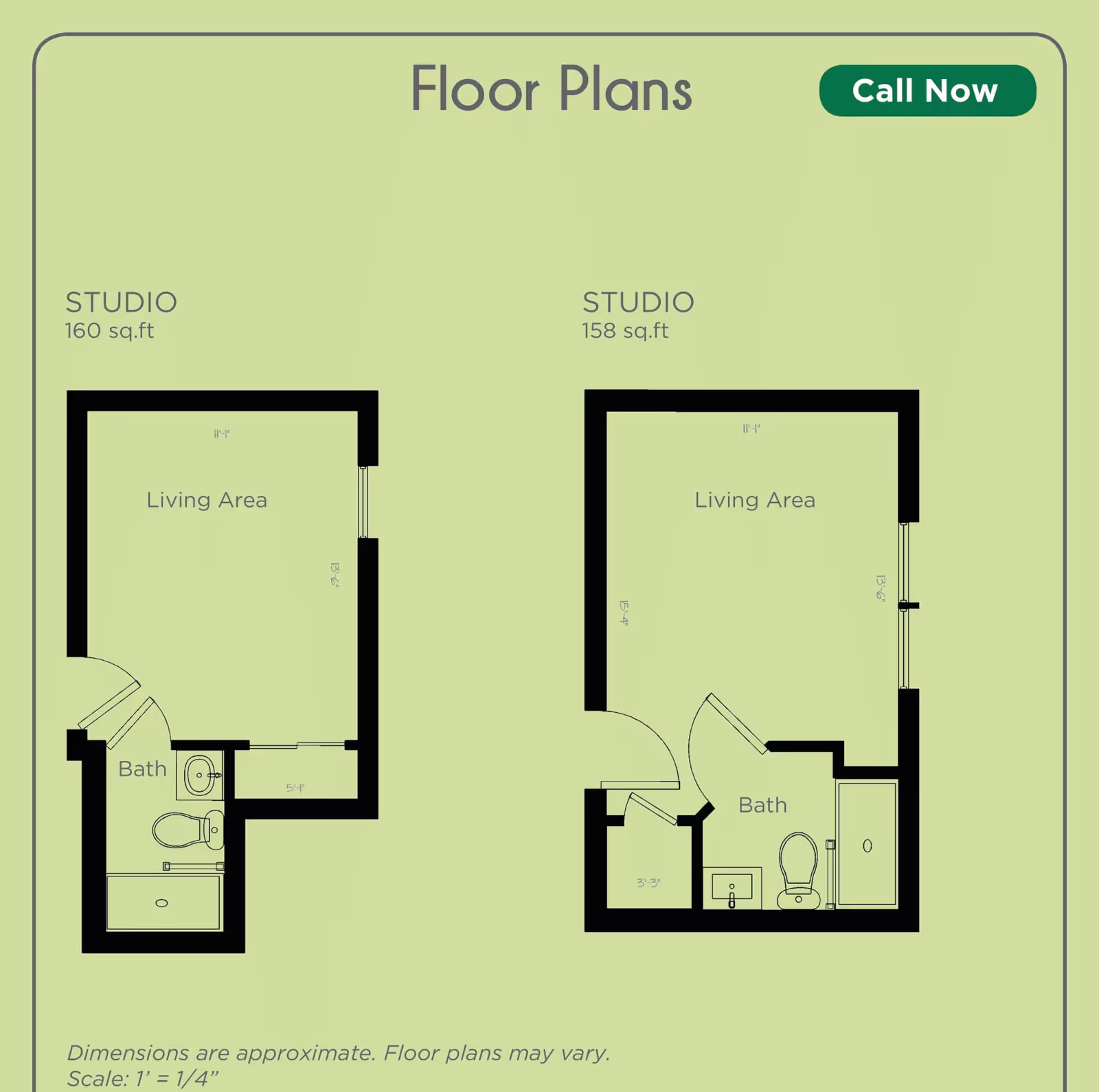 Floor plans for two studio apartments at Angels Senior Living at Dunedin, showing layouts with living areas and bathrooms. The left studio is 160 sq.ft and the right studio is 158 sq.ft. Both include a living area and a bath with toilet and shower or tub. Dimensions and scale are noted at the bottom.