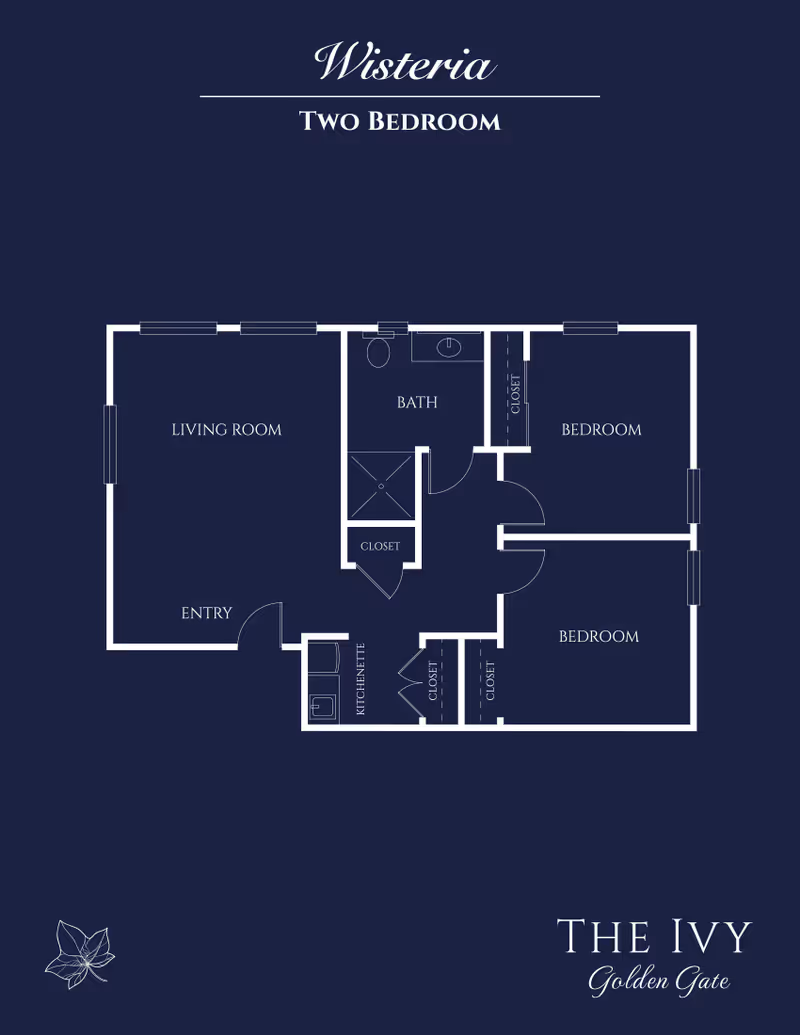 Blueprint-style two-bedroom floor plan titled 'Wisteria' showing a living room, two bedrooms, bath, kitchenette, and closets on a dark blue background.