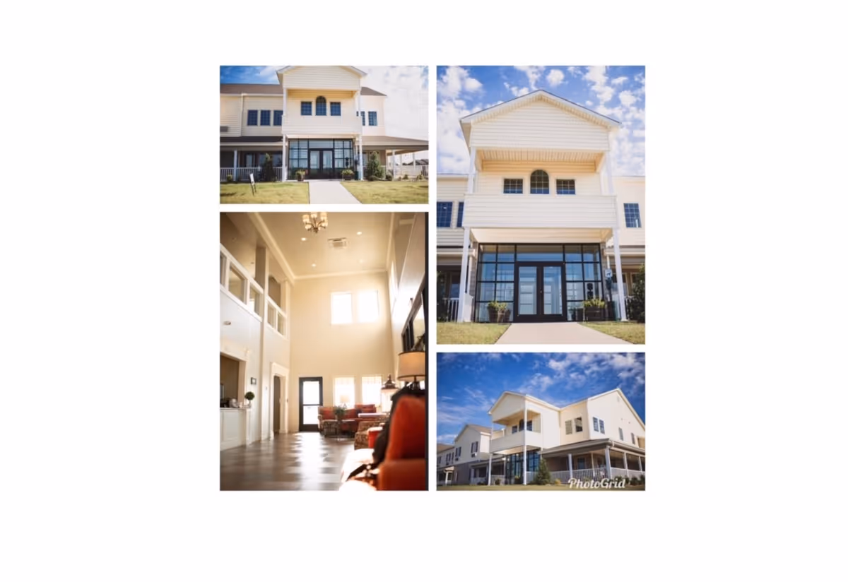 Collage of four images showing the exterior and interior of a senior living facility. The top left and right images show the front entrance of a two-story building with large windows and a covered porch. The bottom right image shows a wider view of the building exterior under a blue sky with some clouds. The bottom left image shows a spacious, well-lit interior common area with high ceilings, large windows, and comfortable seating.