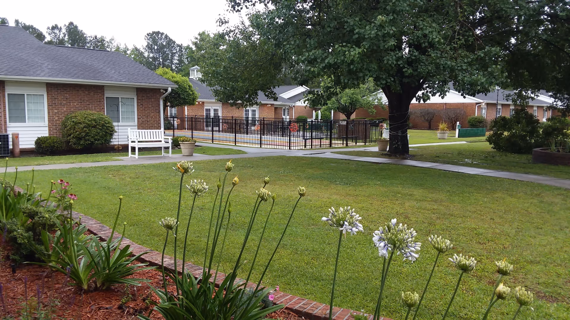 A well-maintained outdoor garden area at Truewood by Merrill, New Bern, featuring green grass, flowering plants, a large tree, a white bench, and brick buildings in the background with a fenced pool area.