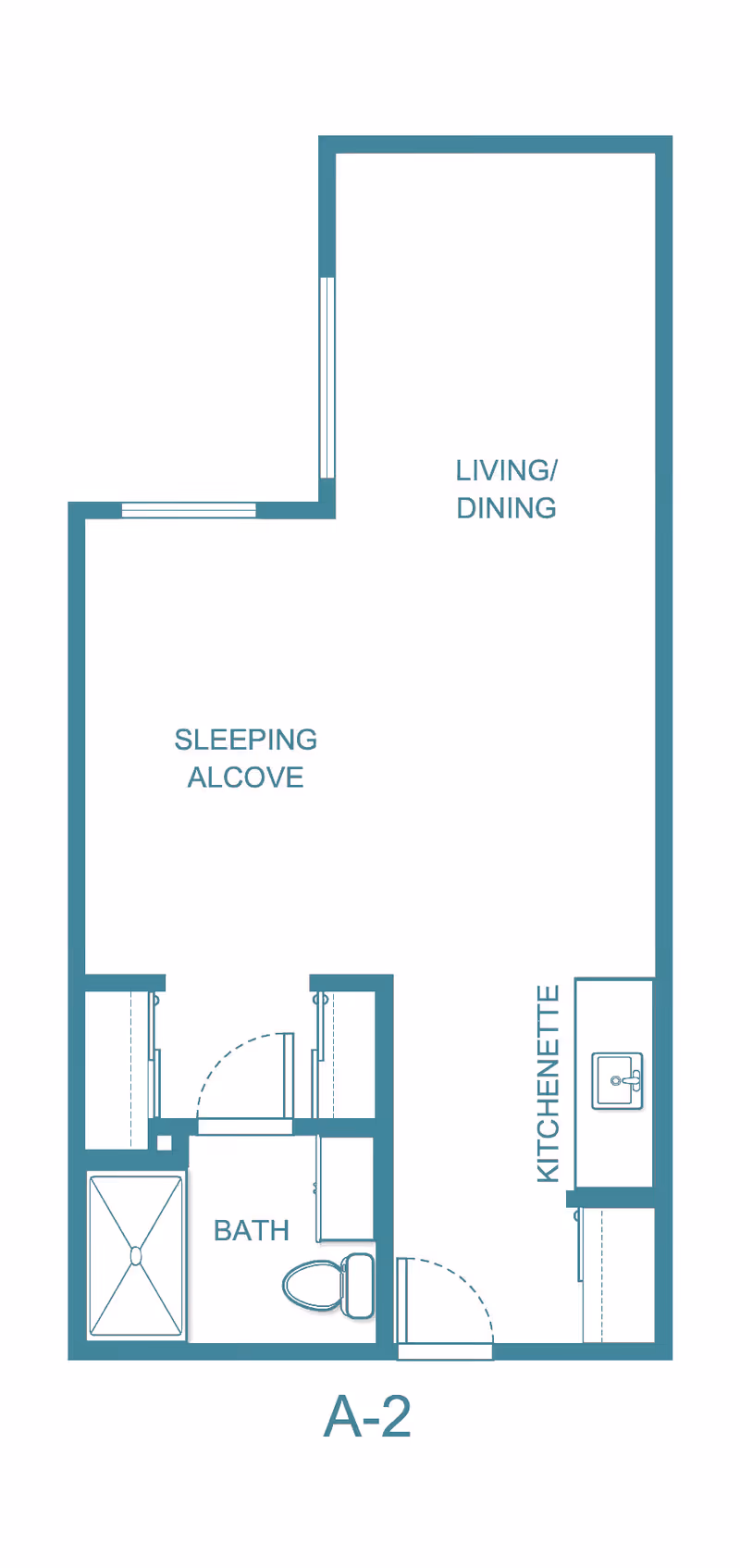 Floor plan layout of a studio apartment labeled A-2, showing areas for living/dining, sleeping alcove, kitchenette, and a bathroom with a shower and toilet.