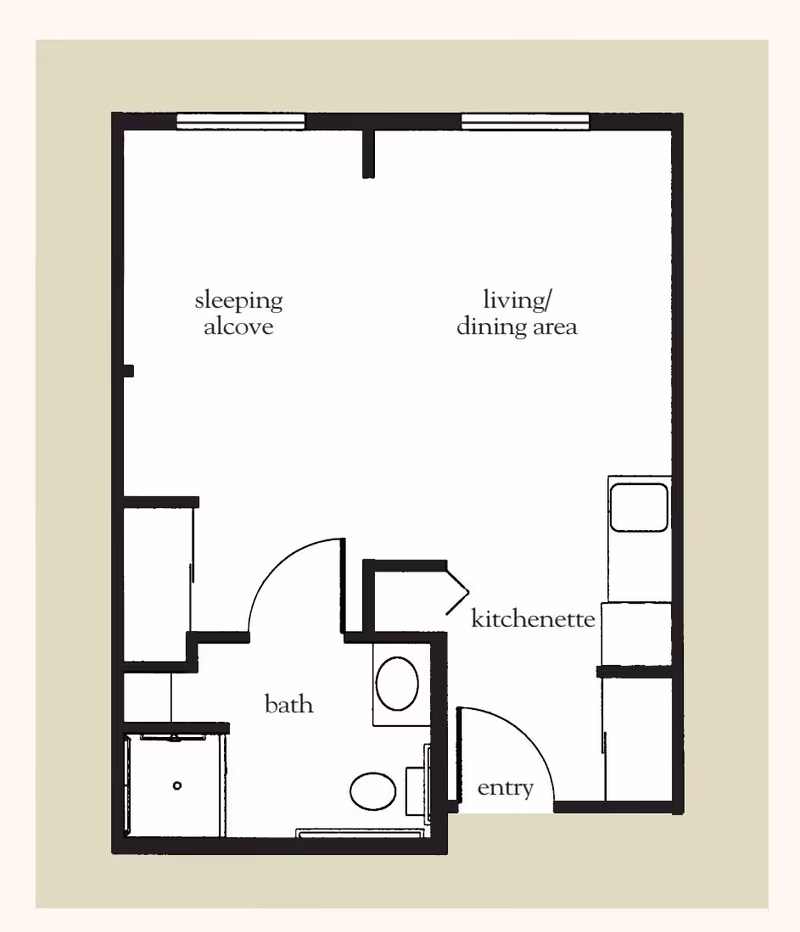 Floor plan of a living space at Vitality Living Springdale showing a sleeping alcove, living/dining area, kitchenette, bath, and entry.