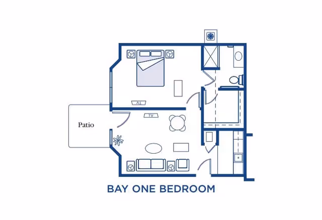 Blueprint-style floor plan labeled 'Bay One Bedroom' showing a bedroom, living area, kitchen, bathroom, and a patio.