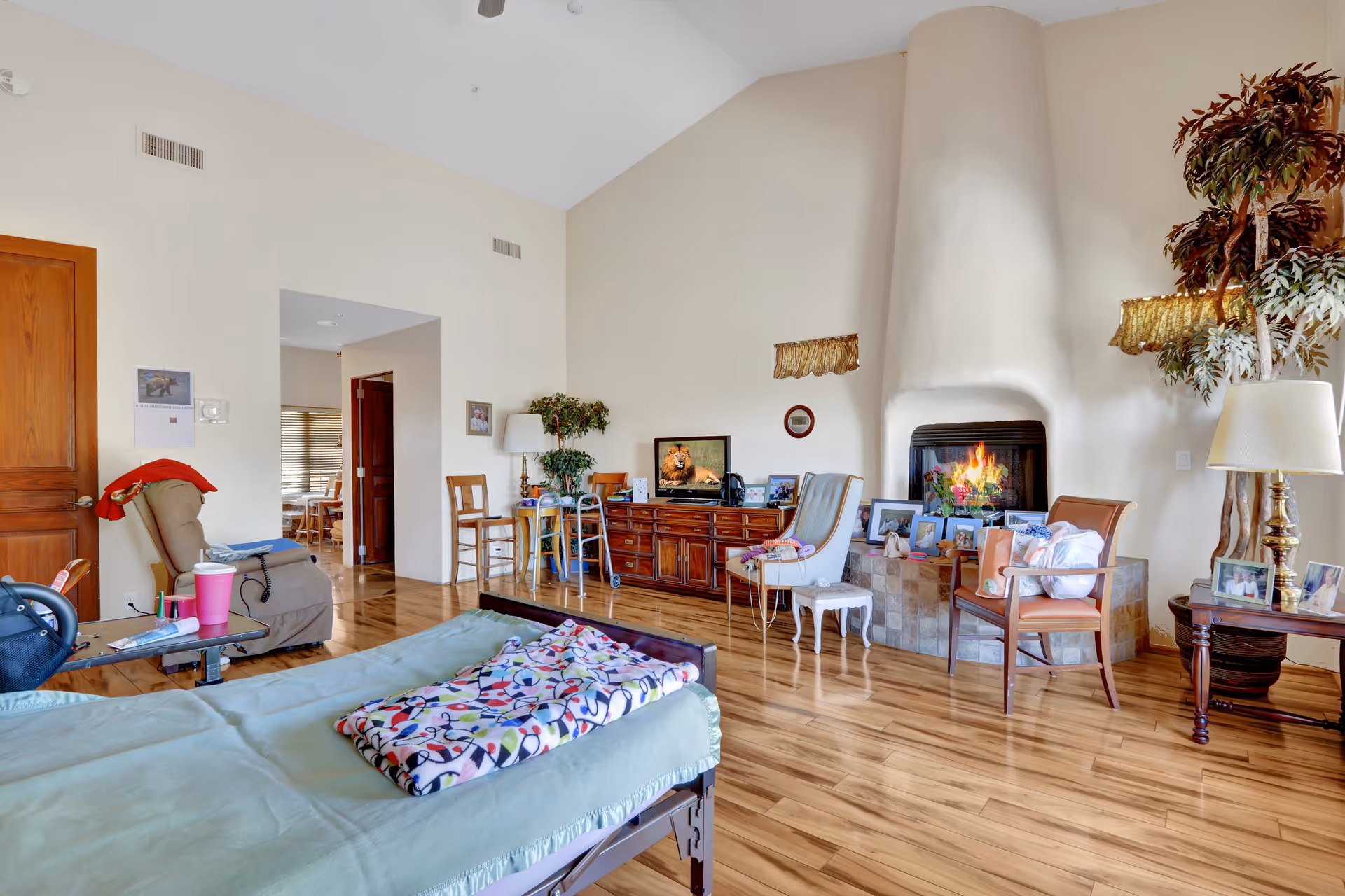A cozy living room area in a senior living facility with a bed in the foreground covered with a colorful blanket. The room features a wooden floor, a fireplace with a fire burning, several chairs, a wooden cabinet with a TV displaying a lion, framed photos, a lamp, and a large potted plant. There is an open doorway leading to another room.