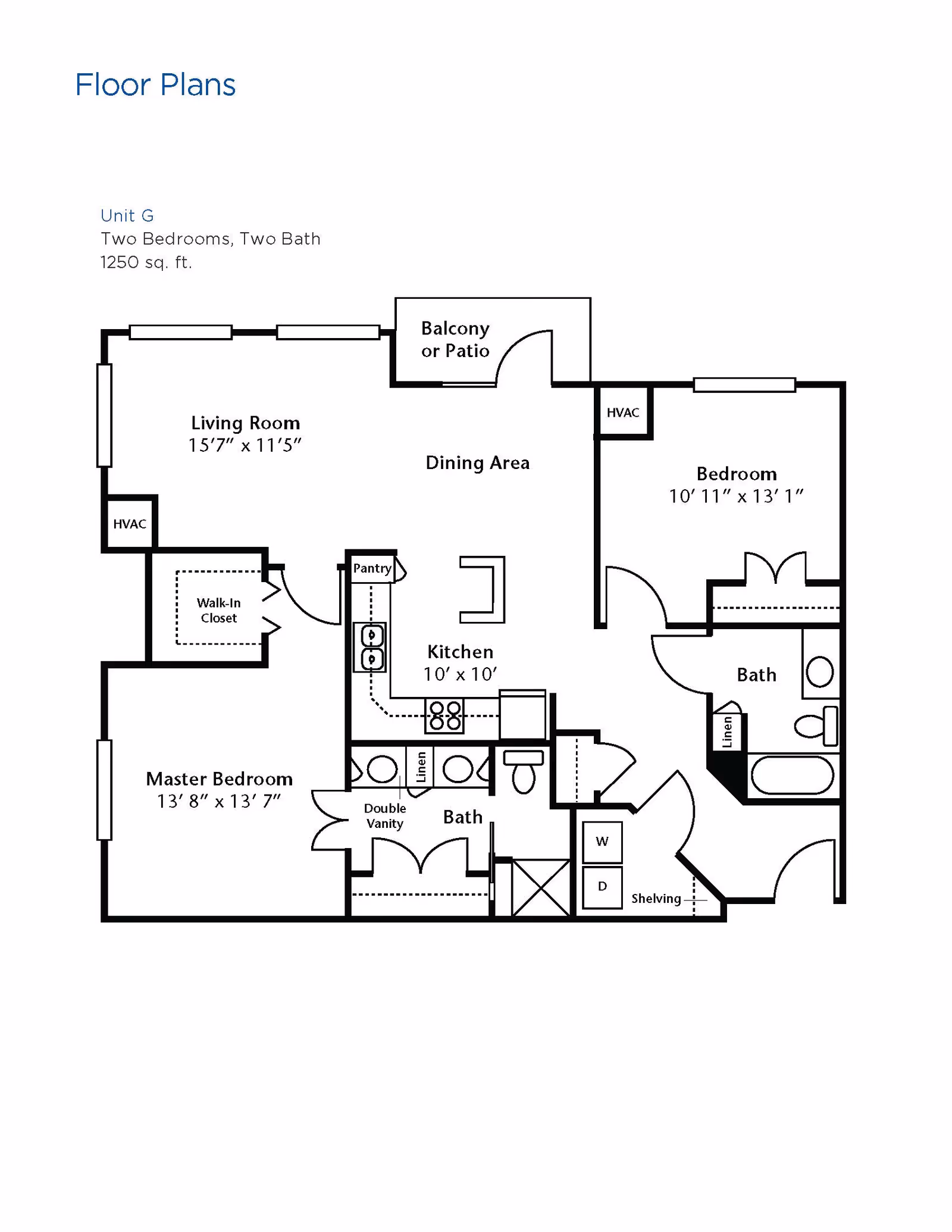 Floor plan of Unit G at The Solana Preserve Vintage Park showing two bedrooms, two bathrooms, a living room, dining area, kitchen, balcony or patio, walk-in closet, pantry, linen closets, and HVAC locations. The master bedroom measures 13'8" x 13'7" and the second bedroom measures 10'11" x 13'1". The total area is 1250 square feet.