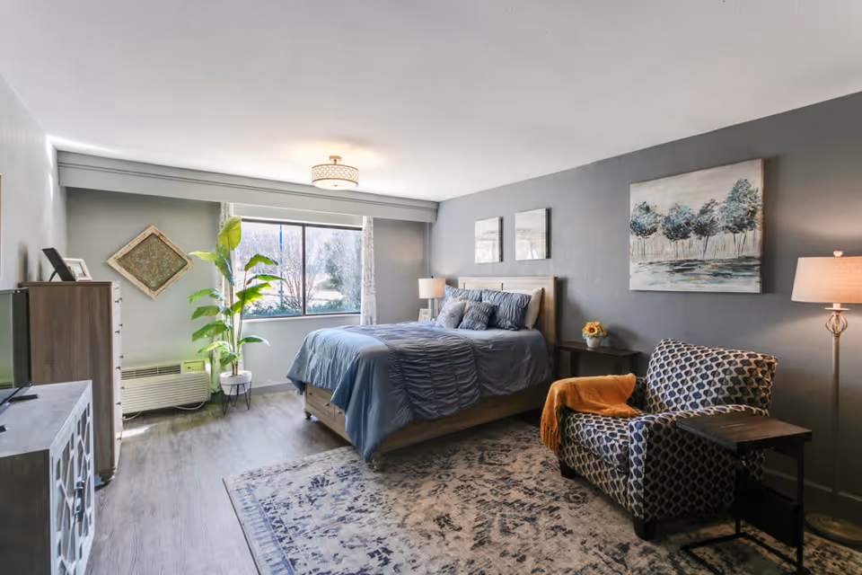 Well-lit furnished bedroom with a bed, patterned armchair, large window, indoor plant, and wall art.