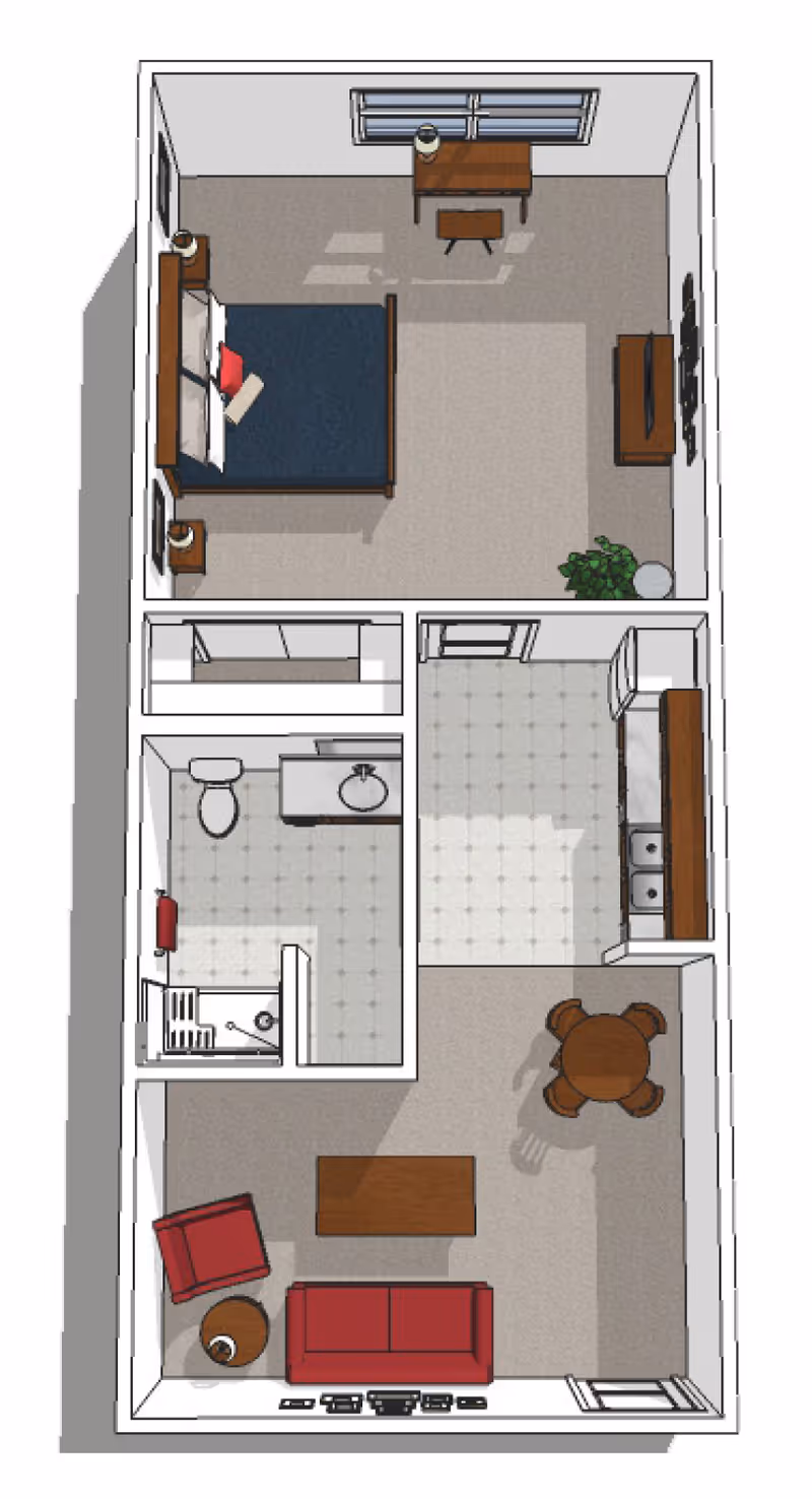 Top-down floor plan of a senior living apartment showing a bedroom with a bed, nightstands, desk, and TV; a bathroom with a toilet, sink, and shower; a kitchen with appliances and cabinets; and a living room with a sofa, armchair, coffee table, and a round dining table with four chairs.