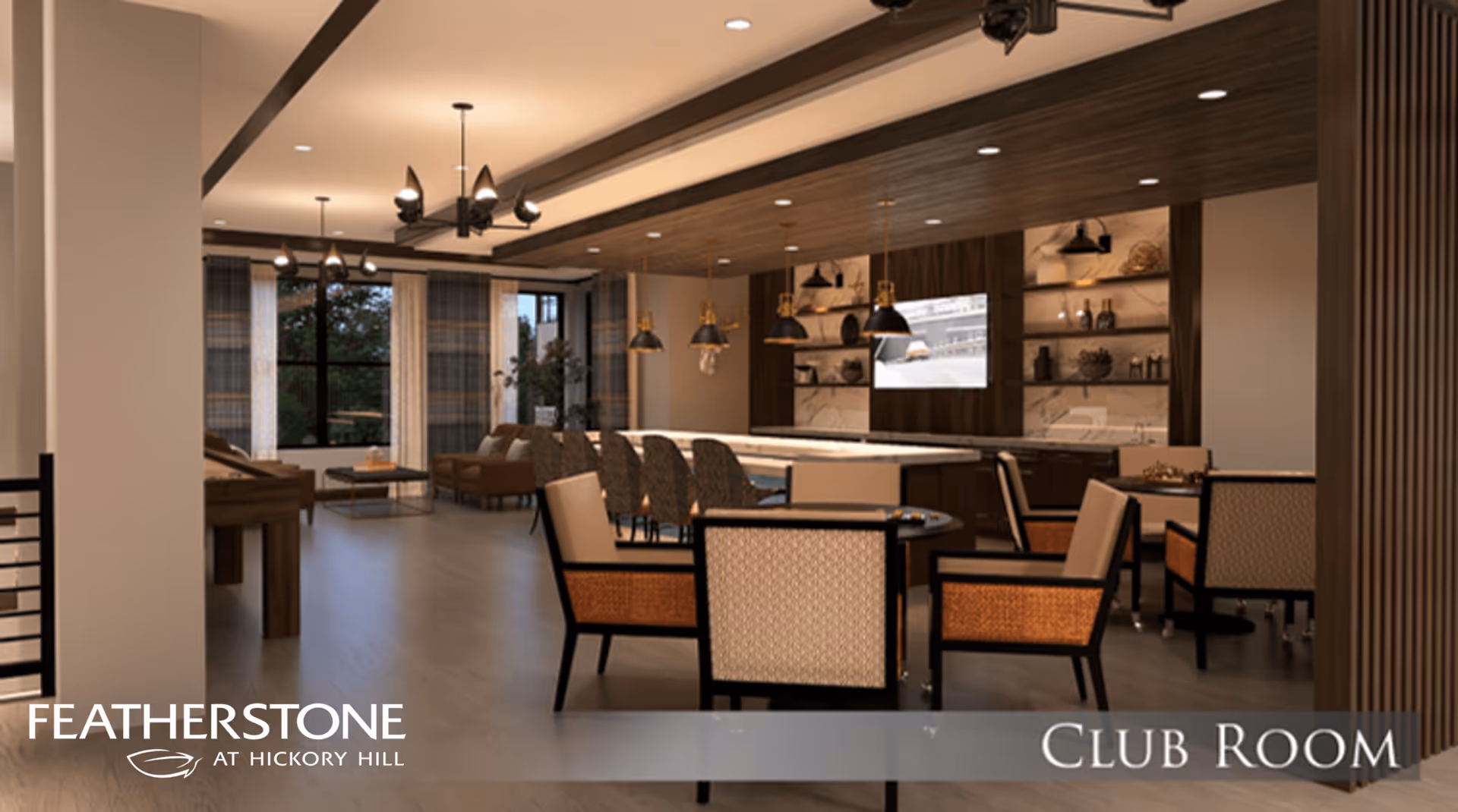 A spacious and modern club room with a large island counter and bar stools, several tables with cushioned chairs, a seating area with sofas near large windows, and decorative pendant lights hanging from the ceiling. The room features wood accents and built-in shelving with decorative items.