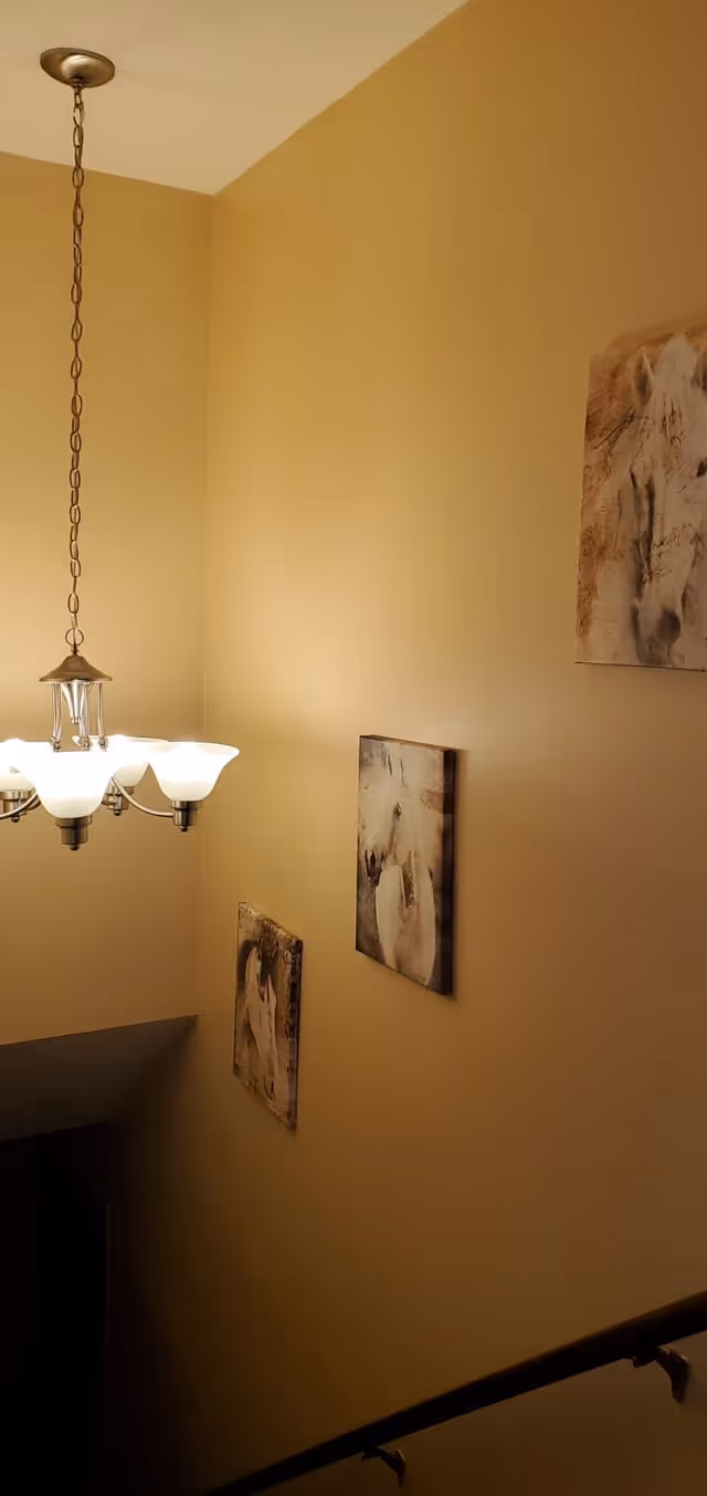 A stairwell with beige walls featuring three framed pictures of white horses. A chandelier with five lit frosted glass shades hangs from the ceiling, illuminating the area.