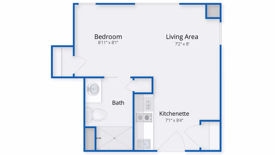 Floor plan of a senior living unit at Benchmark at North Andover showing a bedroom, living area, bath, and kitchenette with dimensions labeled.