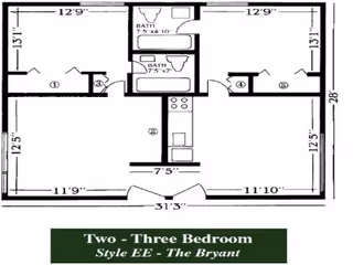 Architectural floor plan labeled 'Two - Three Bedroom Style EE - The Bryant' showing layout with two bedrooms, two bathrooms, a kitchen area, and living spaces with dimensions.