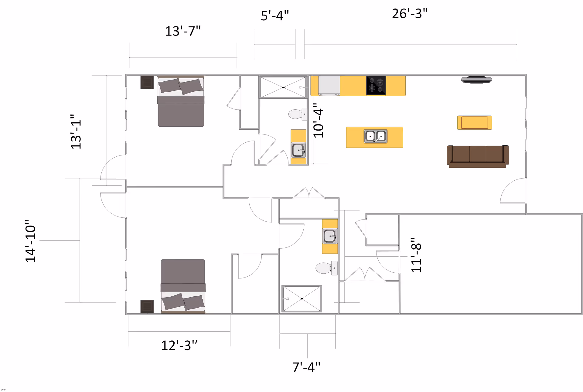 Architectural floor plan of a residential unit showing two bedrooms, two bathrooms, a kitchen with an island, and a living room area. Dimensions of rooms and spaces are marked around the layout.