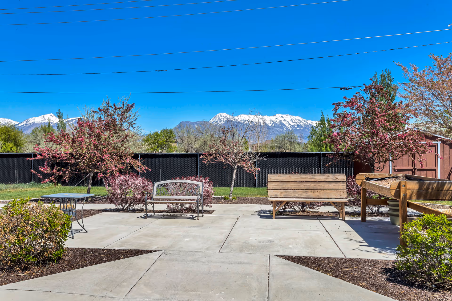 Outdoor patio area with benches, a table, and flowering trees, set against a backdrop of snow-capped mountains under a clear blue sky.