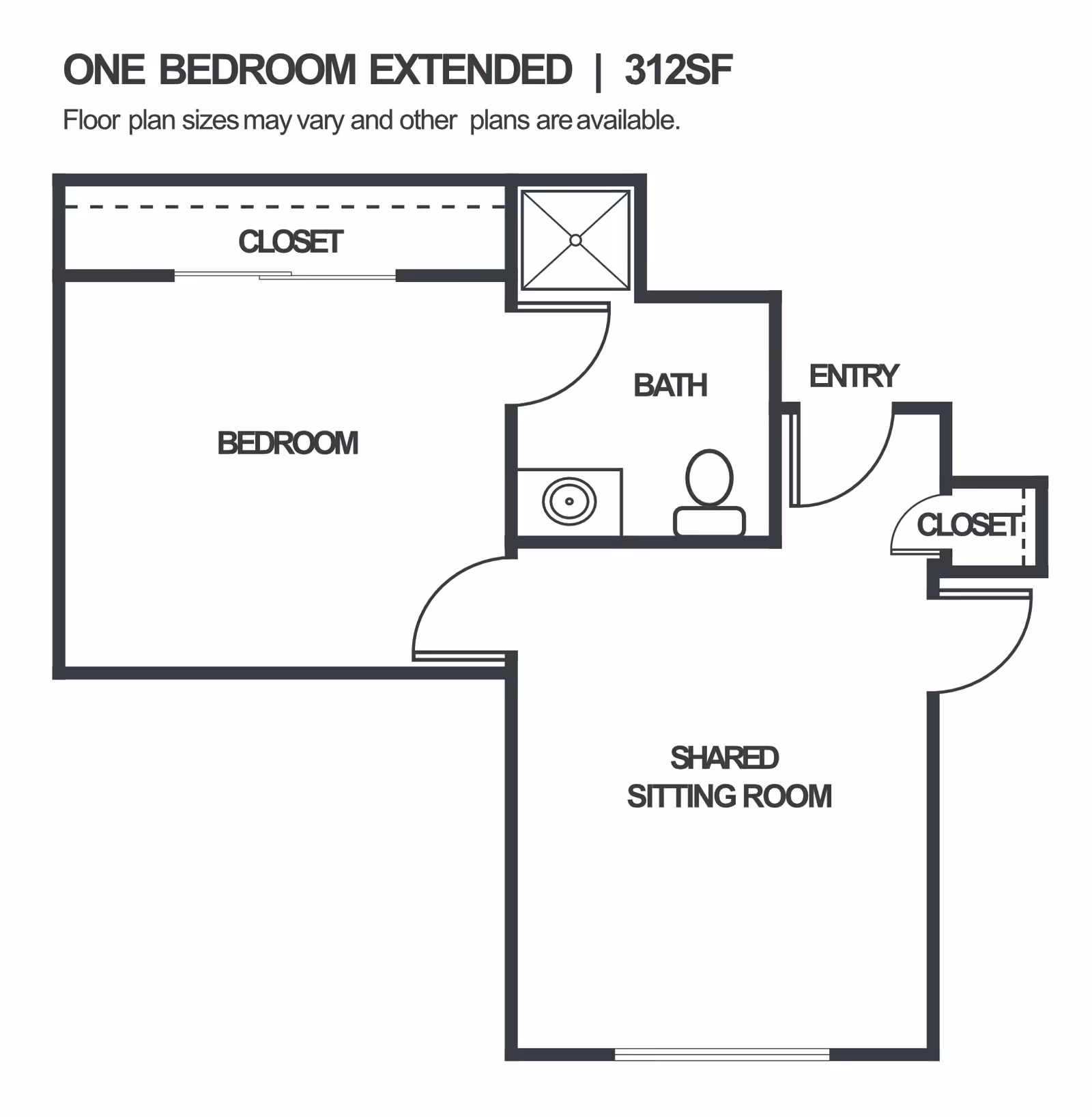 Floor plan layout of a one bedroom extended apartment with 312 square feet. The plan includes a bedroom with a closet, a bathroom, an entry area with a closet, and a shared sitting room.